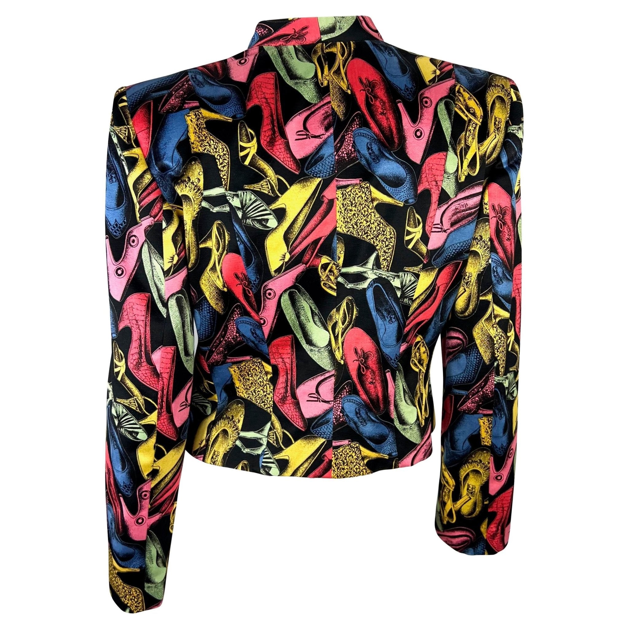 S/S 1991 Salvatore Ferragamo Shoe Print Black Multicolor Satin Blazer Jacket - RealList
