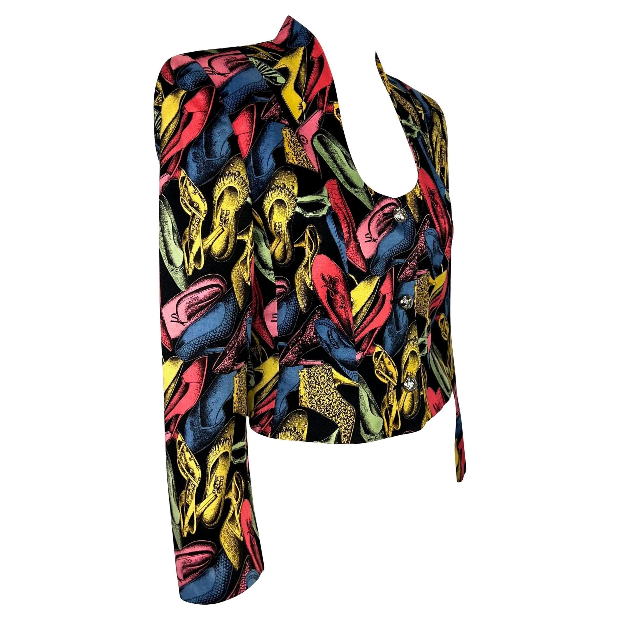 S/S 1991 Salvatore Ferragamo Shoe Print Black Multicolor Satin Blazer Jacket - RealList