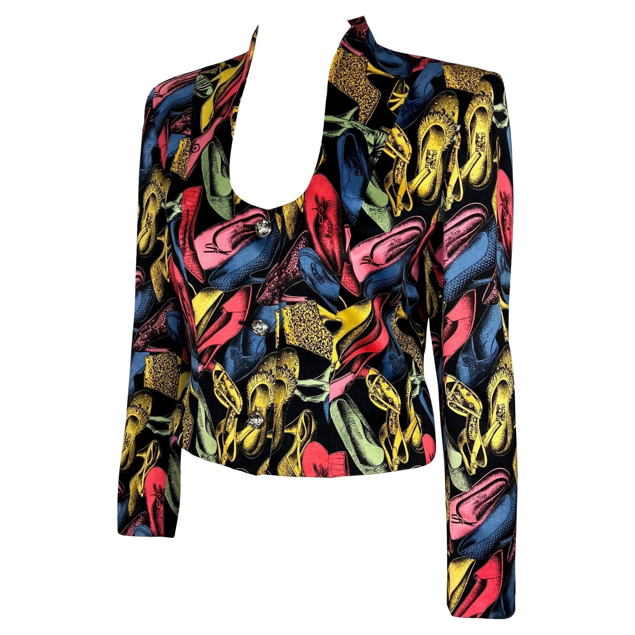 S/S 1991 Salvatore Ferragamo Shoe Print Black Multicolor Satin Blazer Jacket - RealList