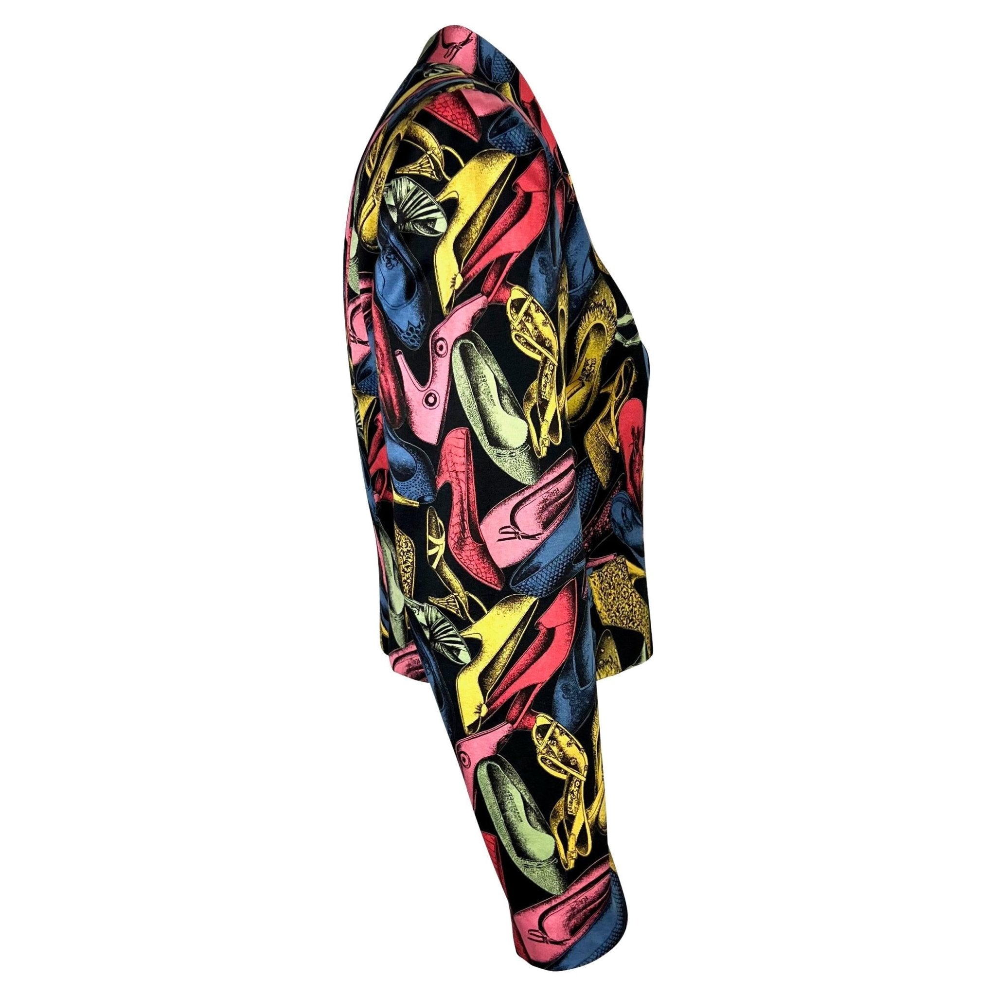 S/S 1991 Salvatore Ferragamo Shoe Print Black Multicolor Satin Blazer Jacket - RealList
