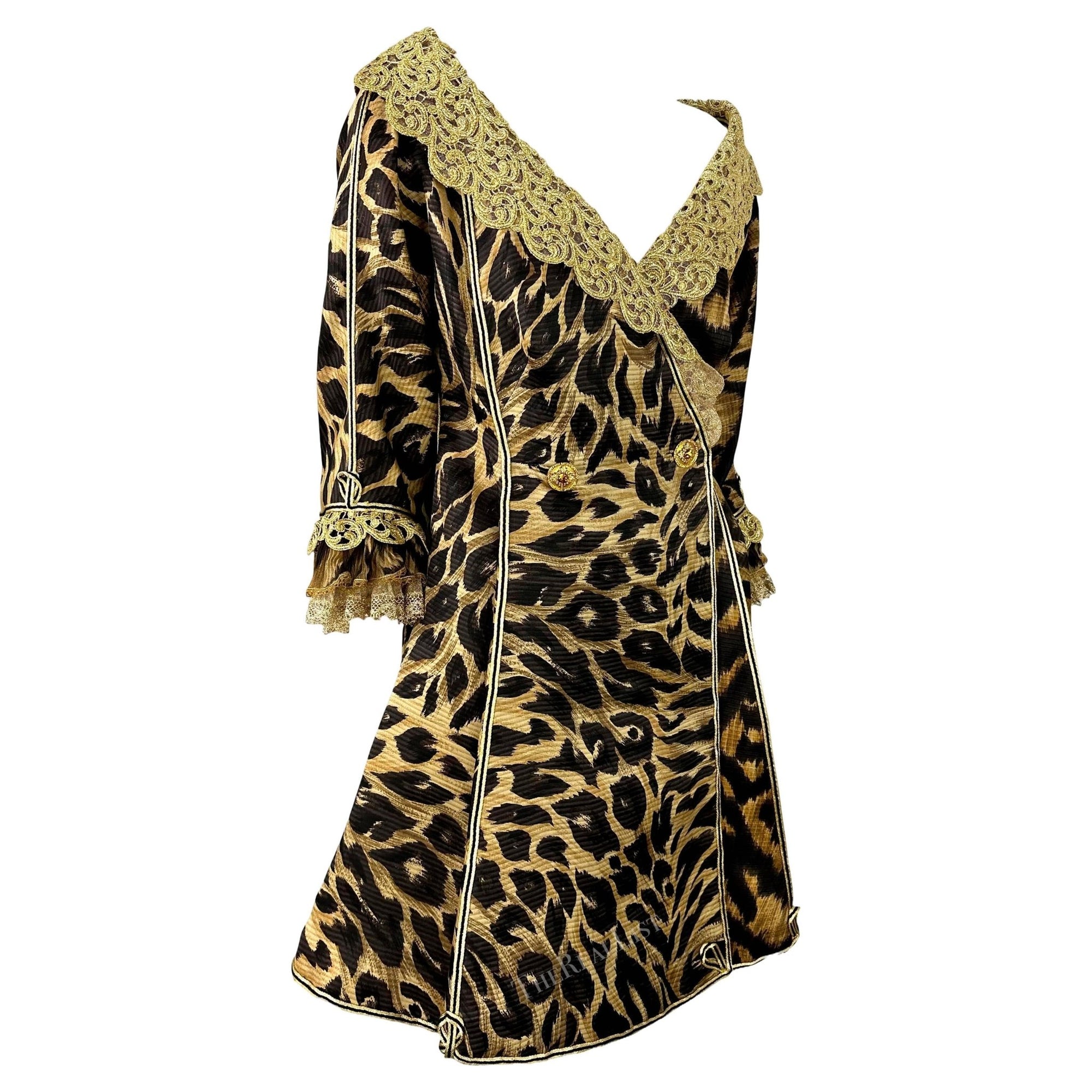 S/S 1992 Atelier Versace Haute Couture Runway Leopard Silk Gold Lace Coat Dress - RealList
