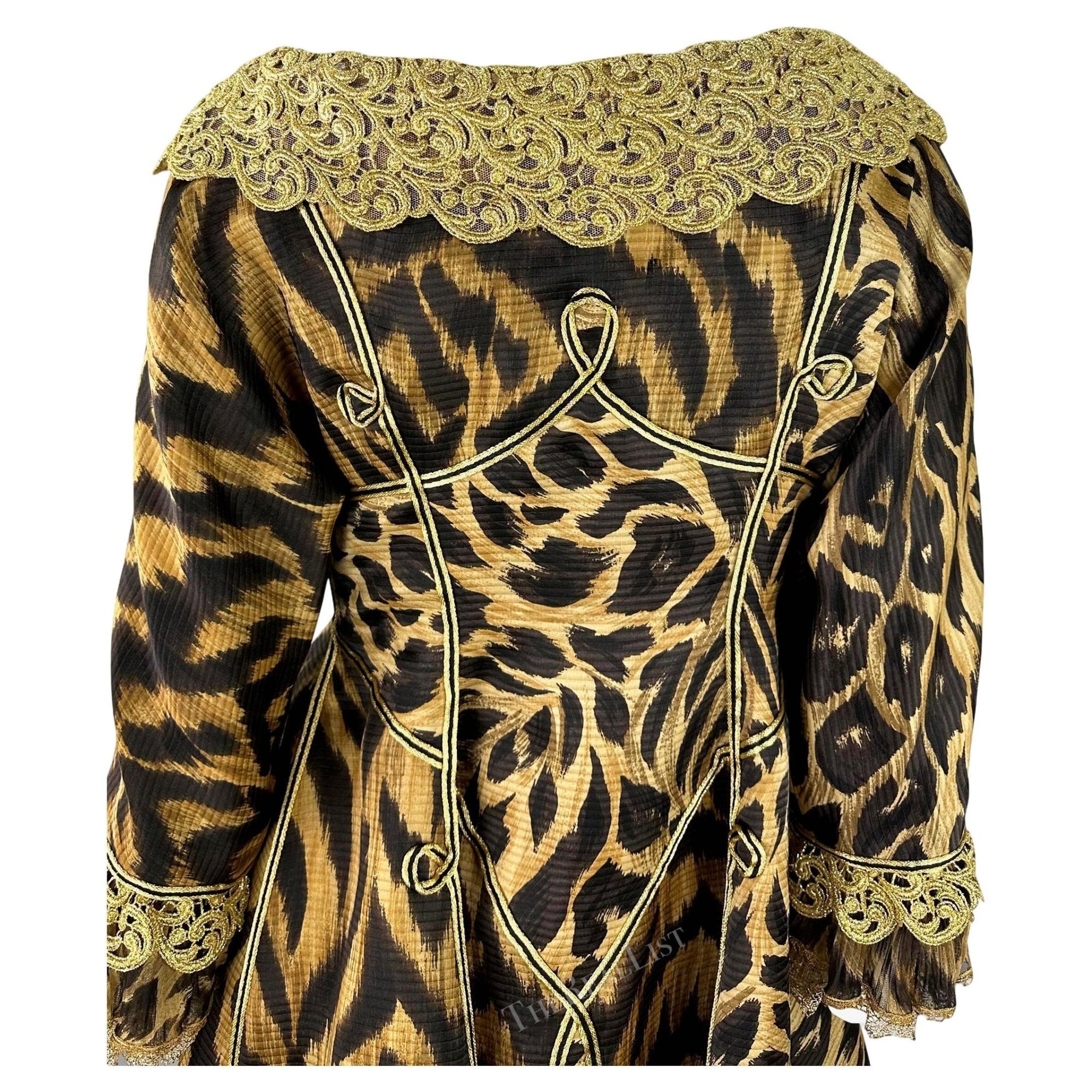 S/S 1992 Atelier Versace Haute Couture Runway Leopard Silk Gold Lace Coat Dress - RealList