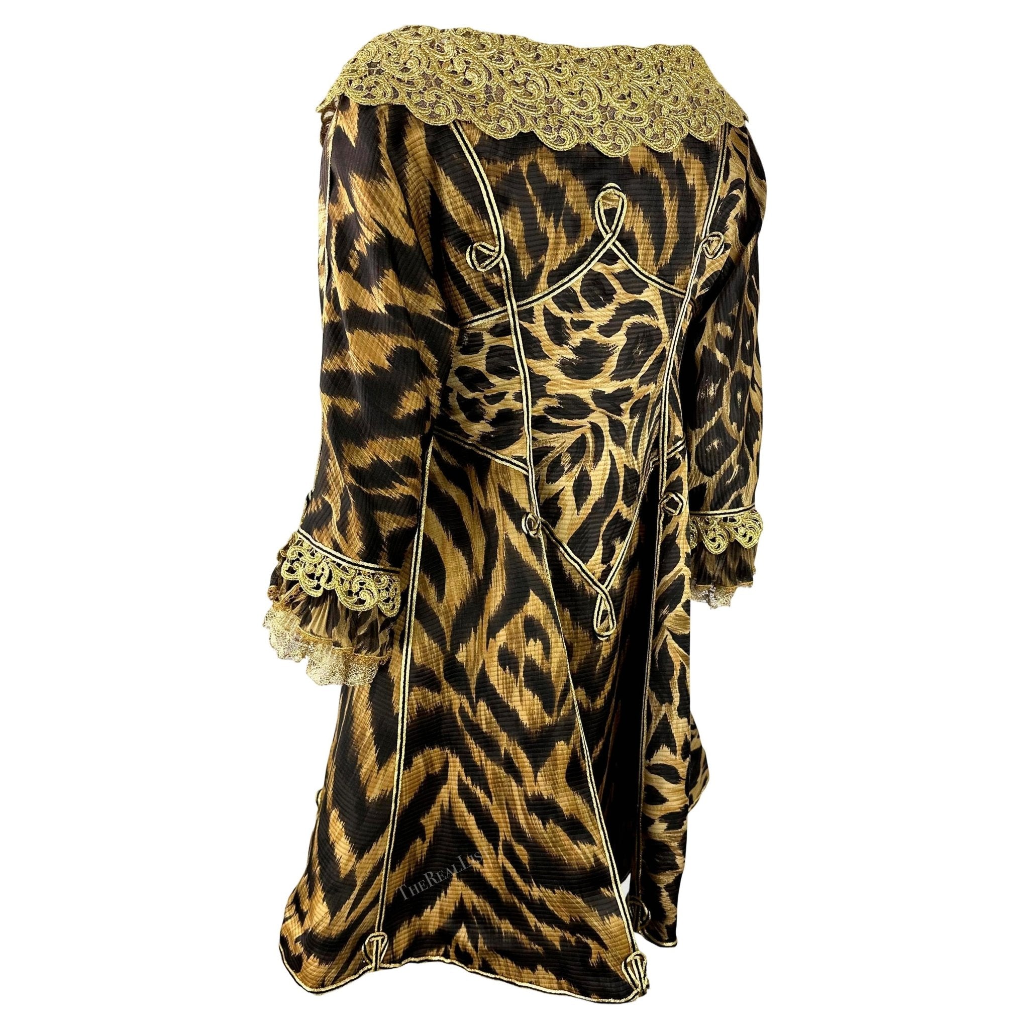 S/S 1992 Atelier Versace Haute Couture Runway Leopard Silk Gold Lace Coat Dress - RealList
