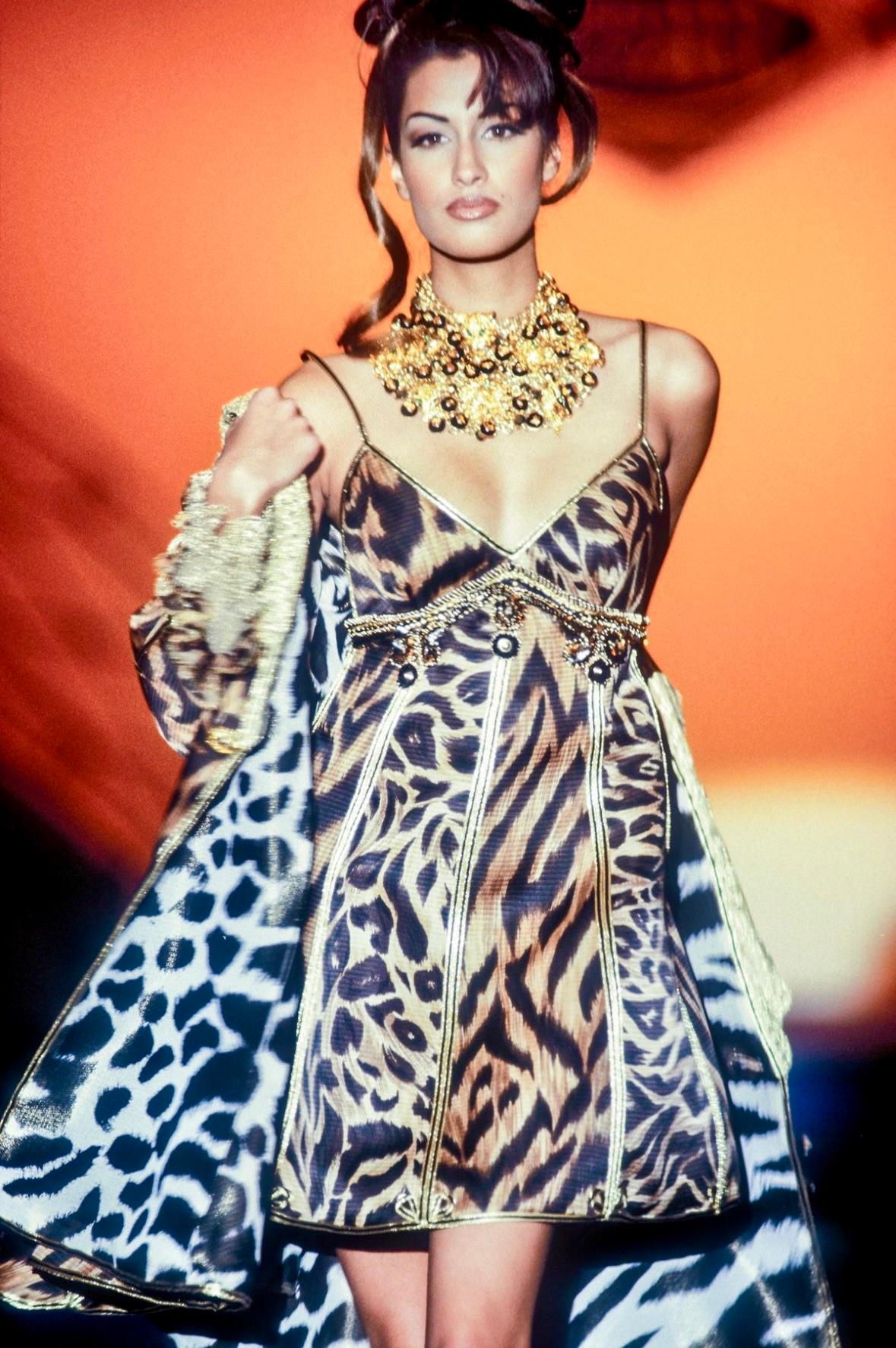 S/S 1992 Atelier Versace Haute Couture Runway Leopard Silk Gold Lace Coat Dress - RealList