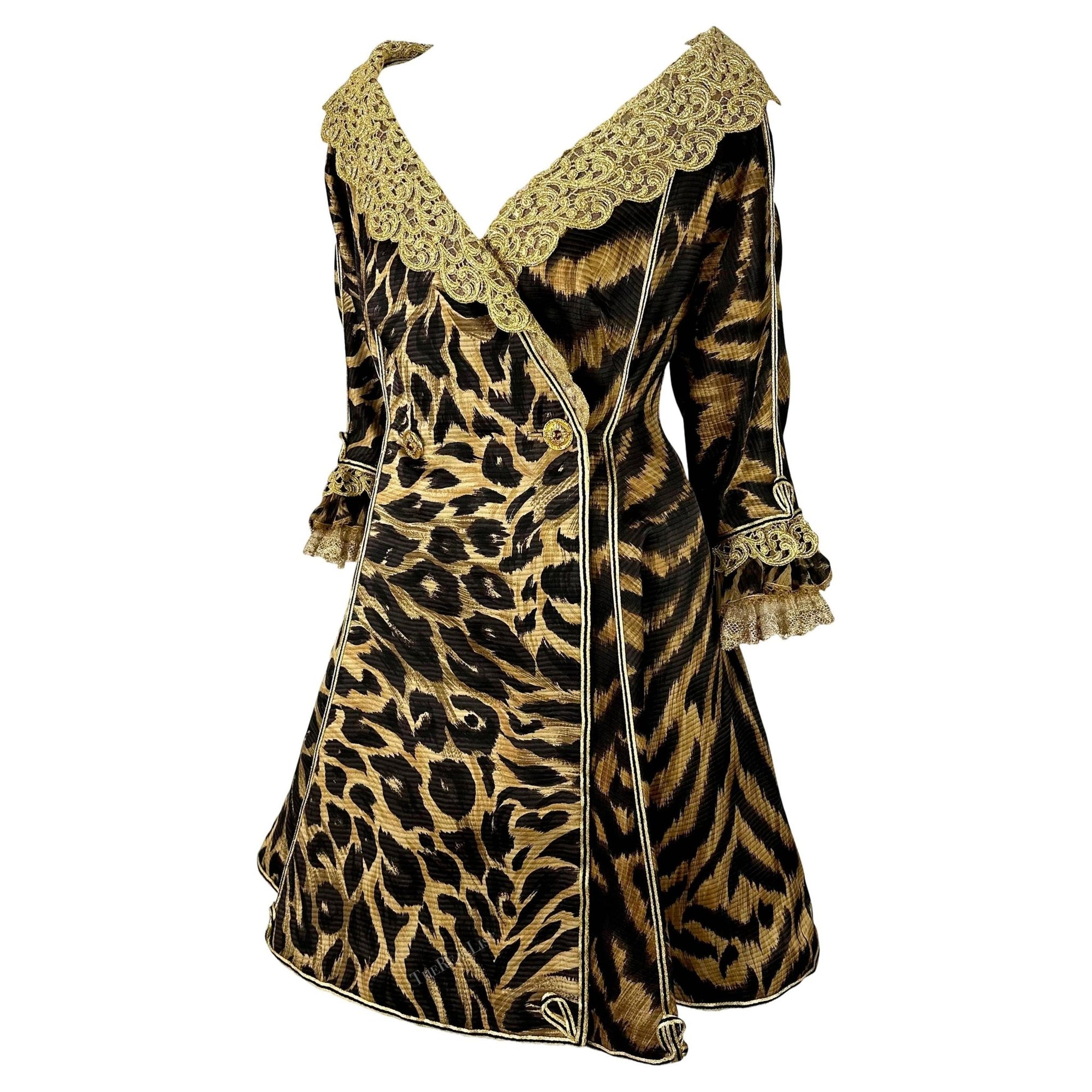 S/S 1992 Atelier Versace Haute Couture Runway Leopard Silk Gold Lace Coat Dress - RealList