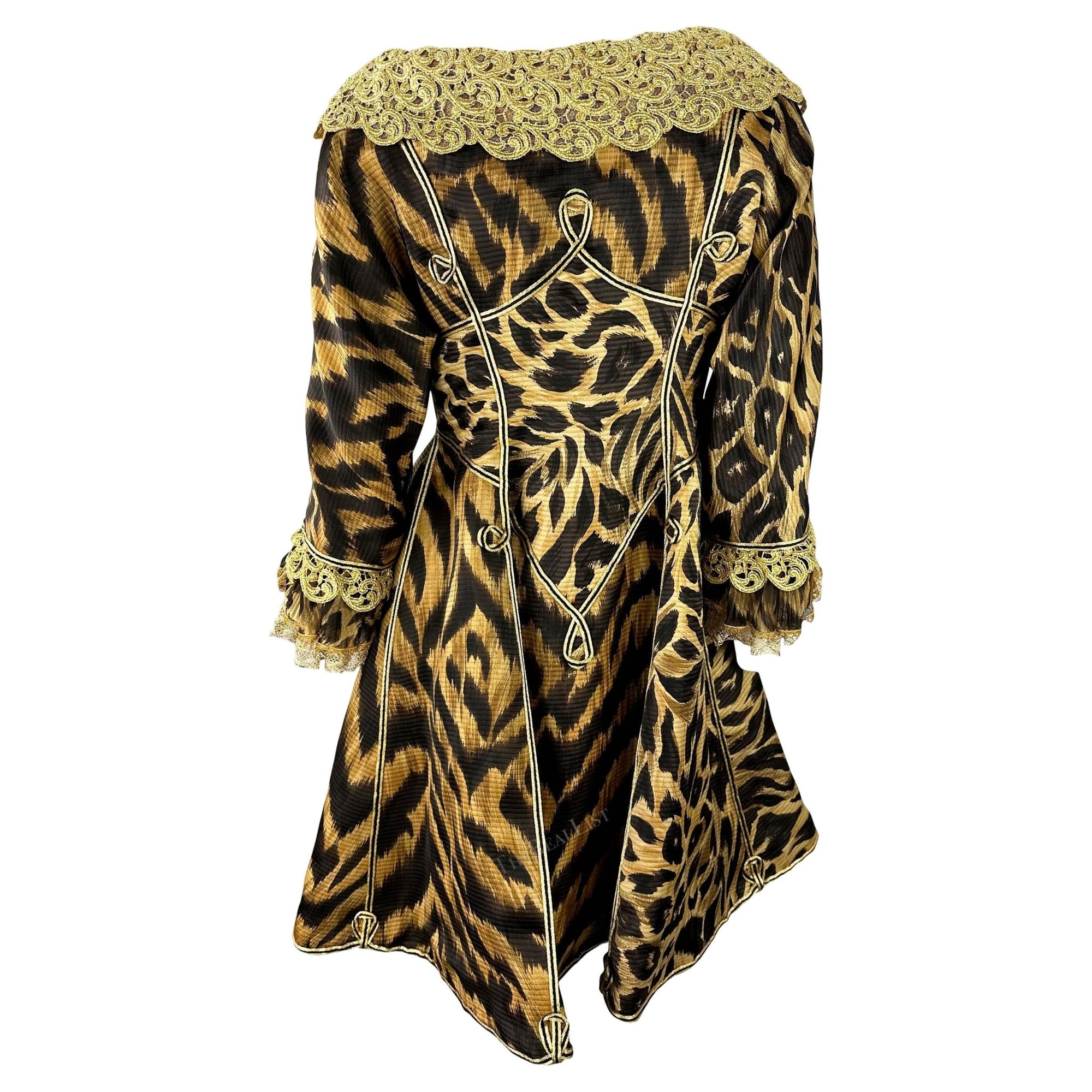 S/S 1992 Atelier Versace Haute Couture Runway Leopard Silk Gold Lace Coat Dress - RealList
