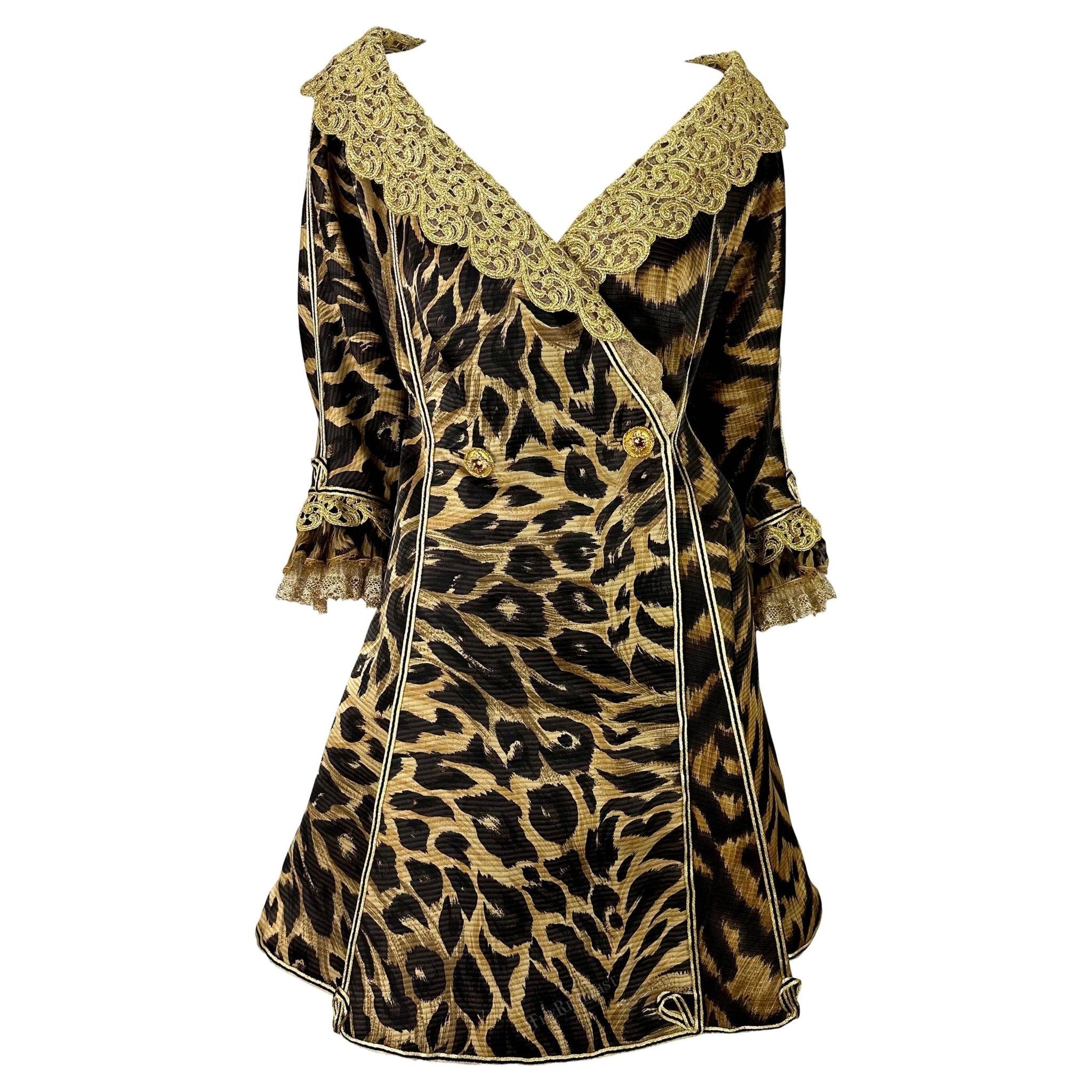 S/S 1992 Atelier Versace Haute Couture Runway Leopard Silk Gold Lace Coat Dress - RealList