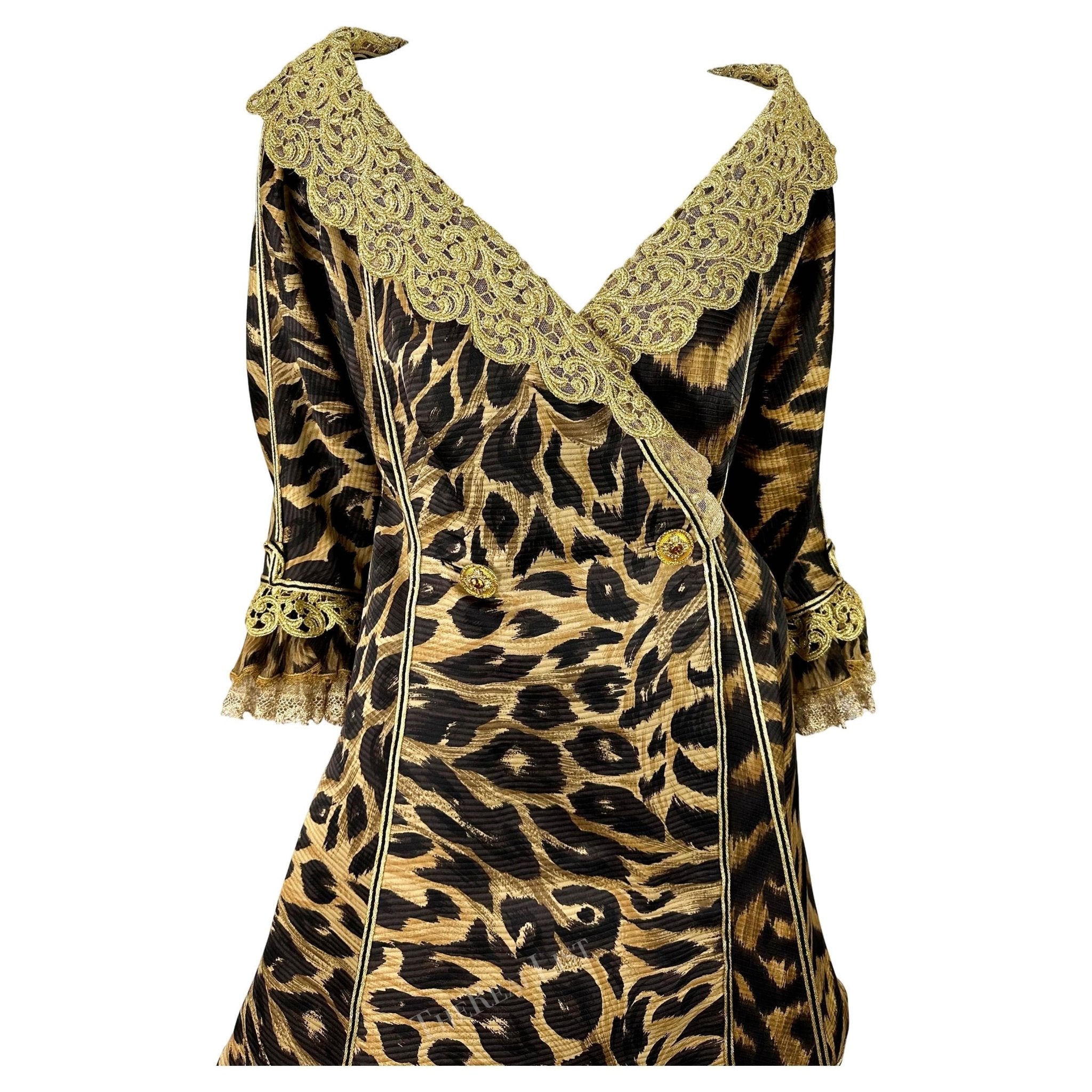 S/S 1992 Atelier Versace Haute Couture Runway Leopard Silk Gold Lace Coat Dress - RealList