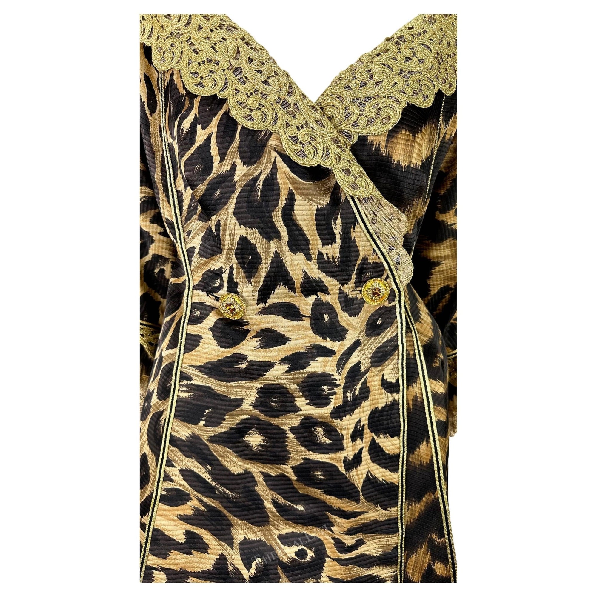 S/S 1992 Atelier Versace Haute Couture Runway Leopard Silk Gold Lace Coat Dress - RealList