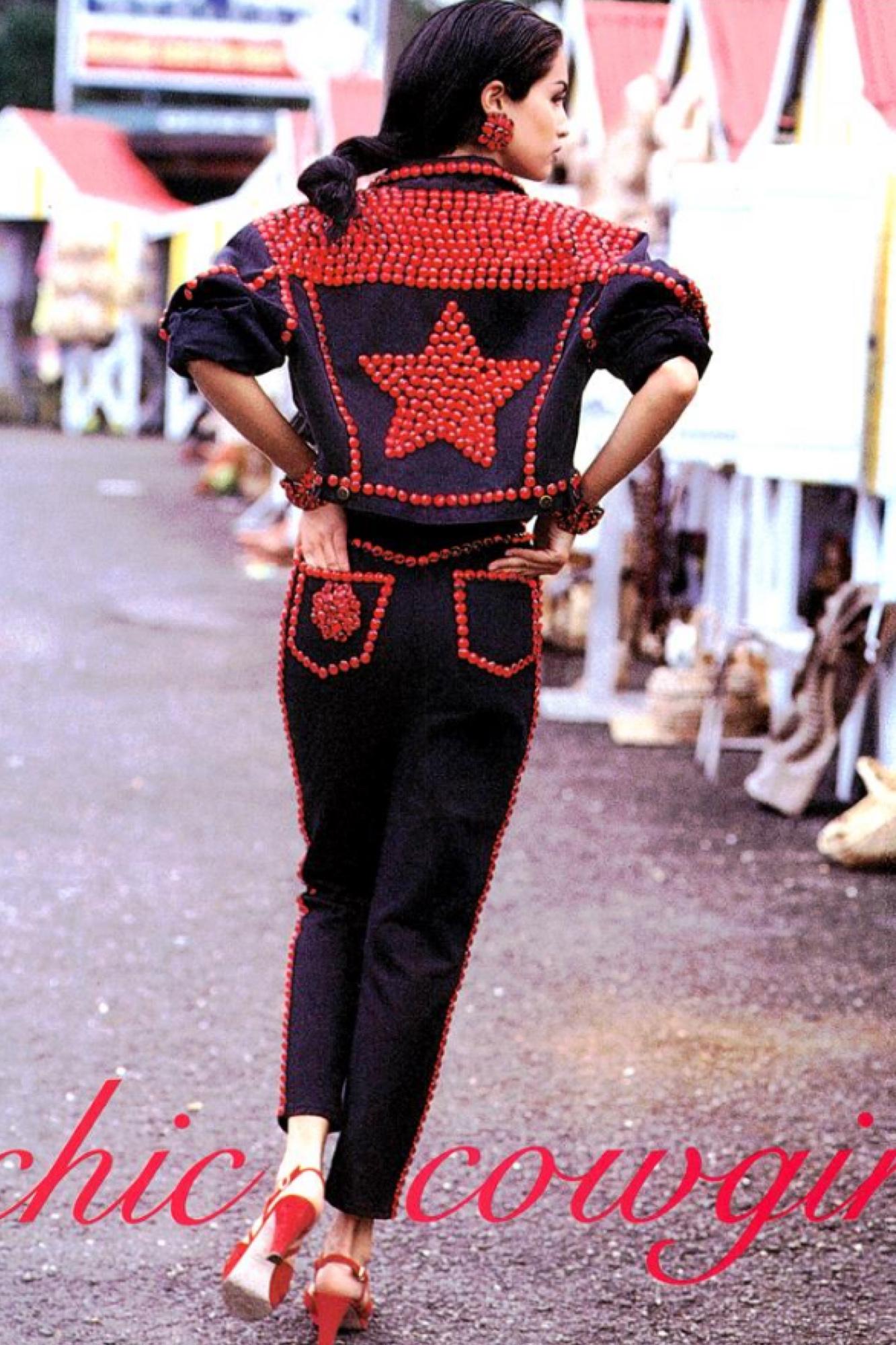 S/S 1992 Dolce & Gabbana Black Denim Red Rhinestone Accent Heart Vest - RealList