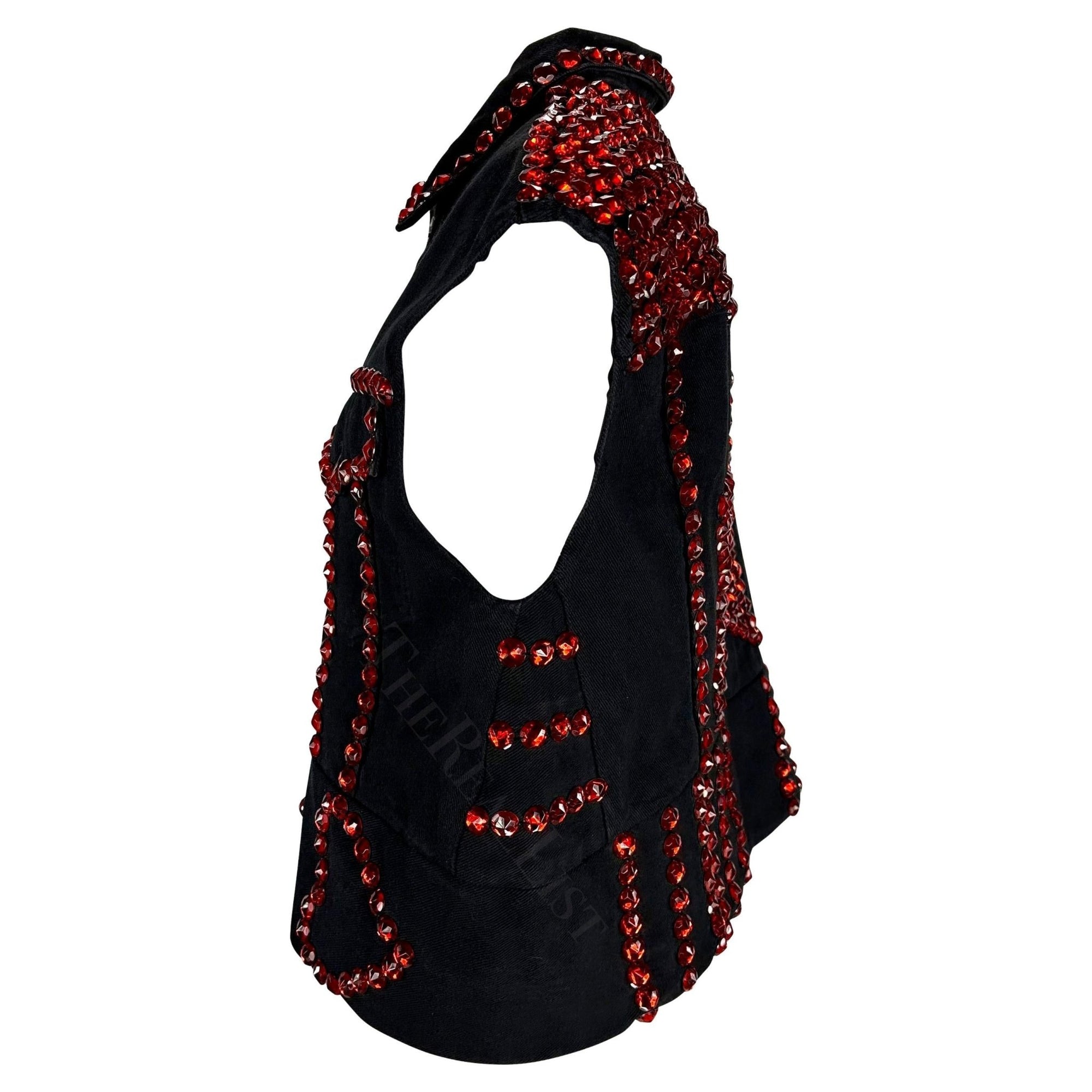 S/S 1992 Dolce & Gabbana Black Denim Red Rhinestone Accent Heart Vest - RealList