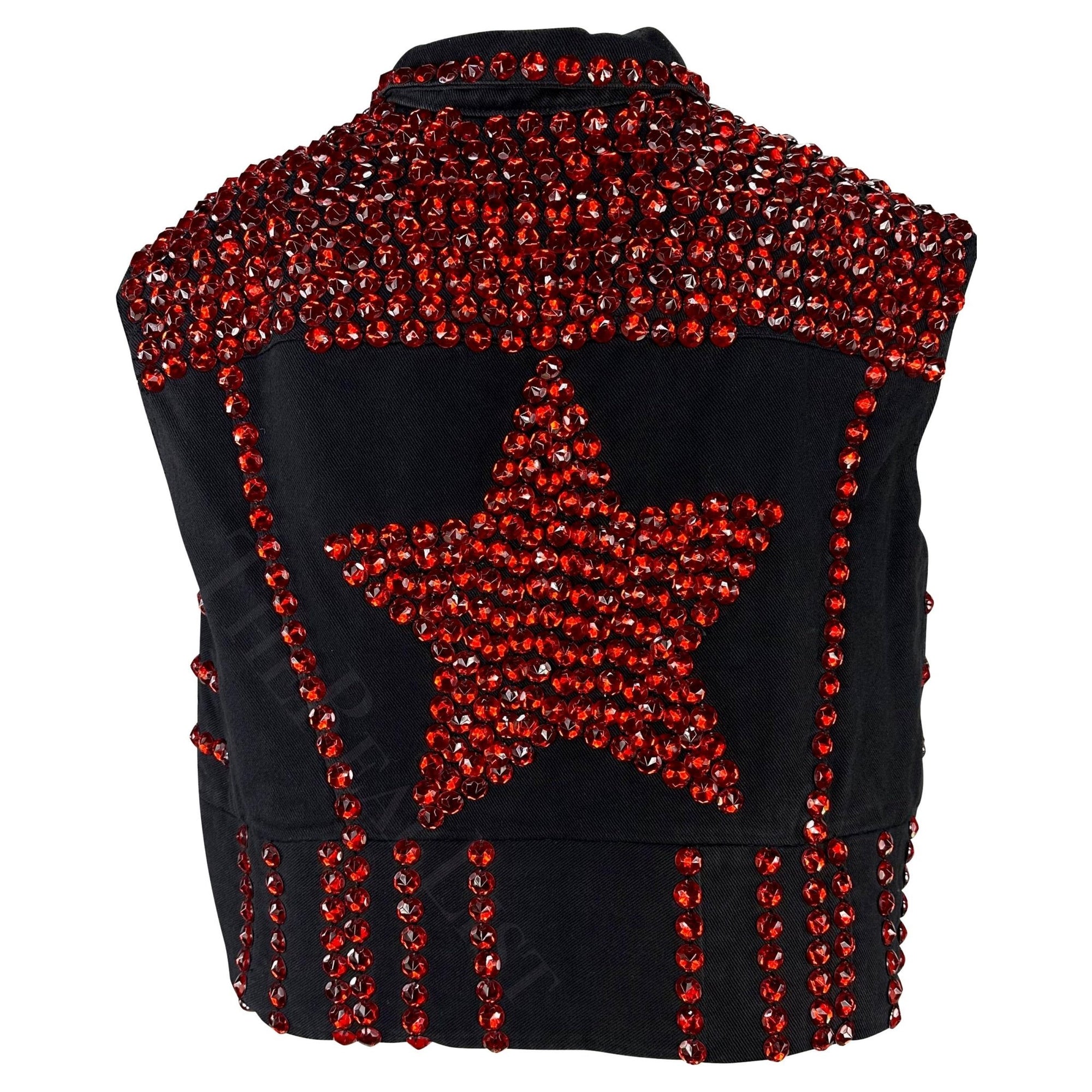 S/S 1992 Dolce & Gabbana Black Denim Red Rhinestone Accent Heart Vest - RealList