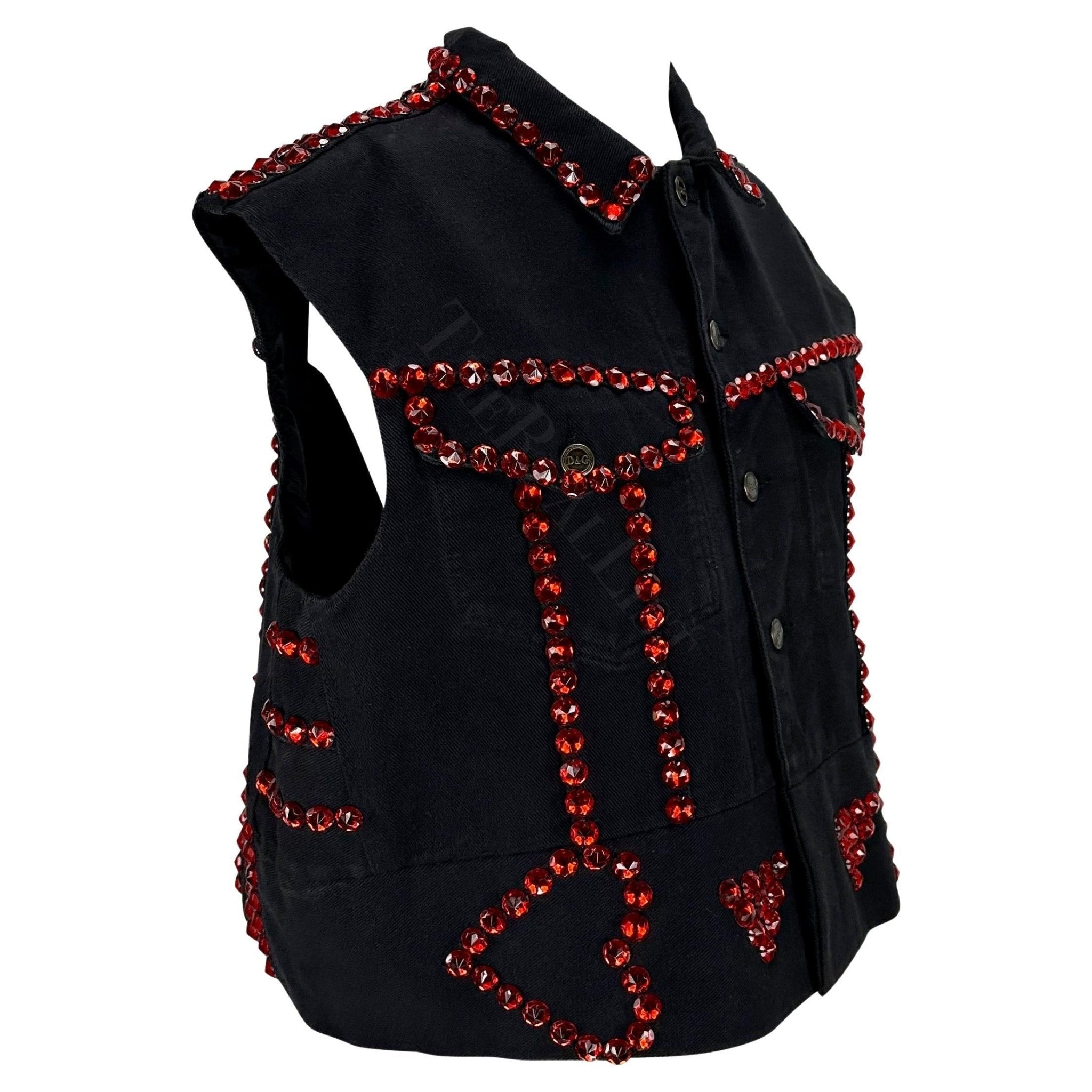 S/S 1992 Dolce & Gabbana Black Denim Red Rhinestone Accent Heart Vest - RealList