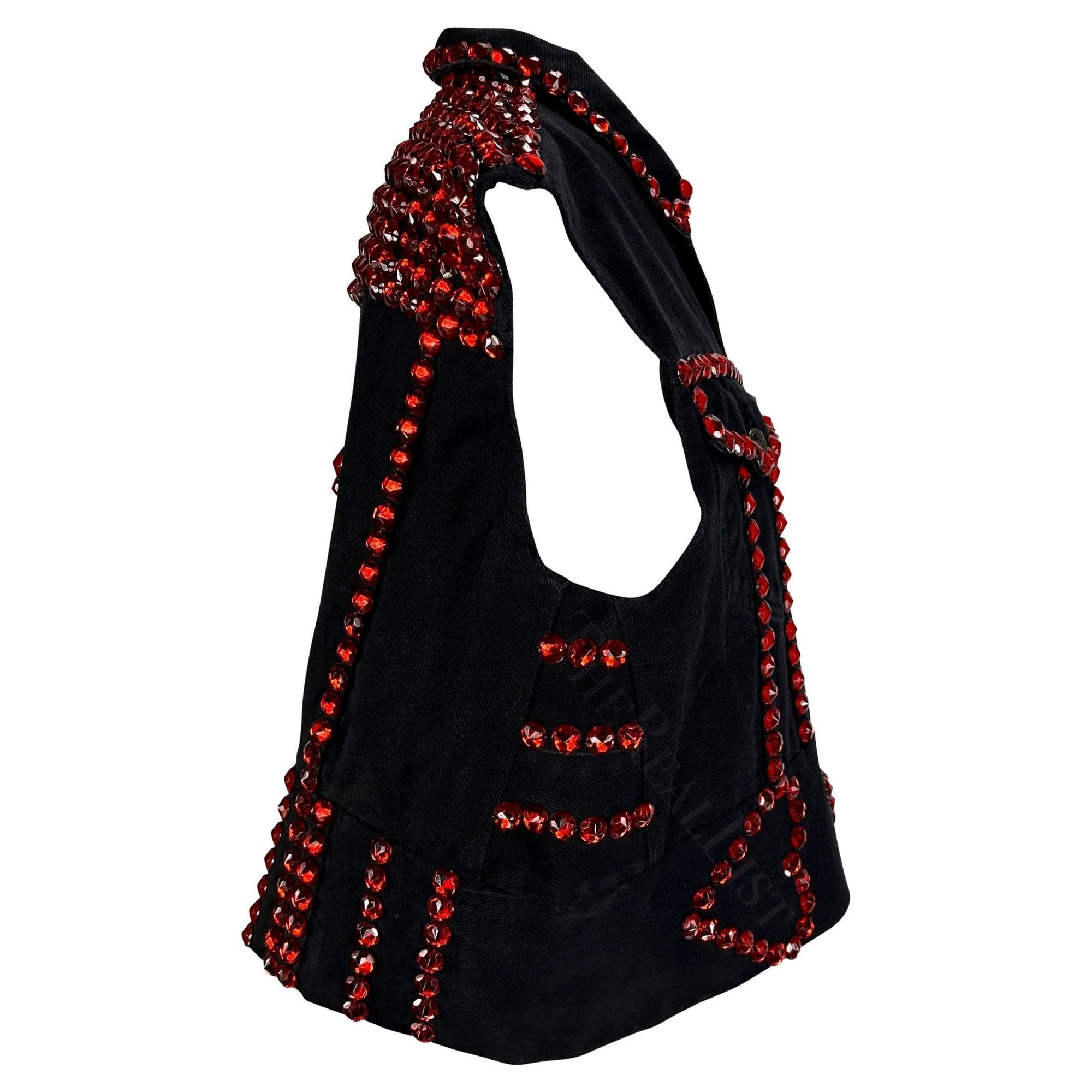 S/S 1992 Dolce & Gabbana Black Denim Red Rhinestone Accent Heart Vest - RealList