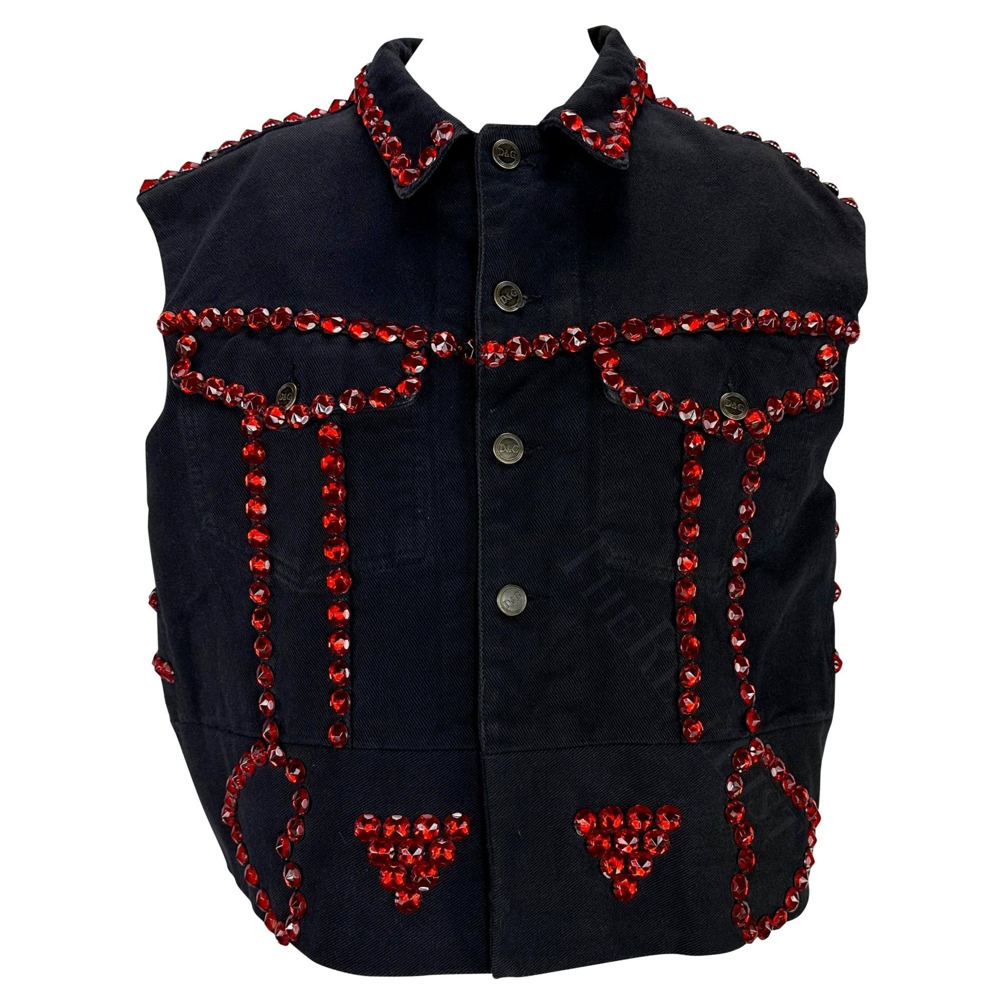 S/S 1992 Dolce & Gabbana Black Denim Red Rhinestone Accent Heart Vest - RealList