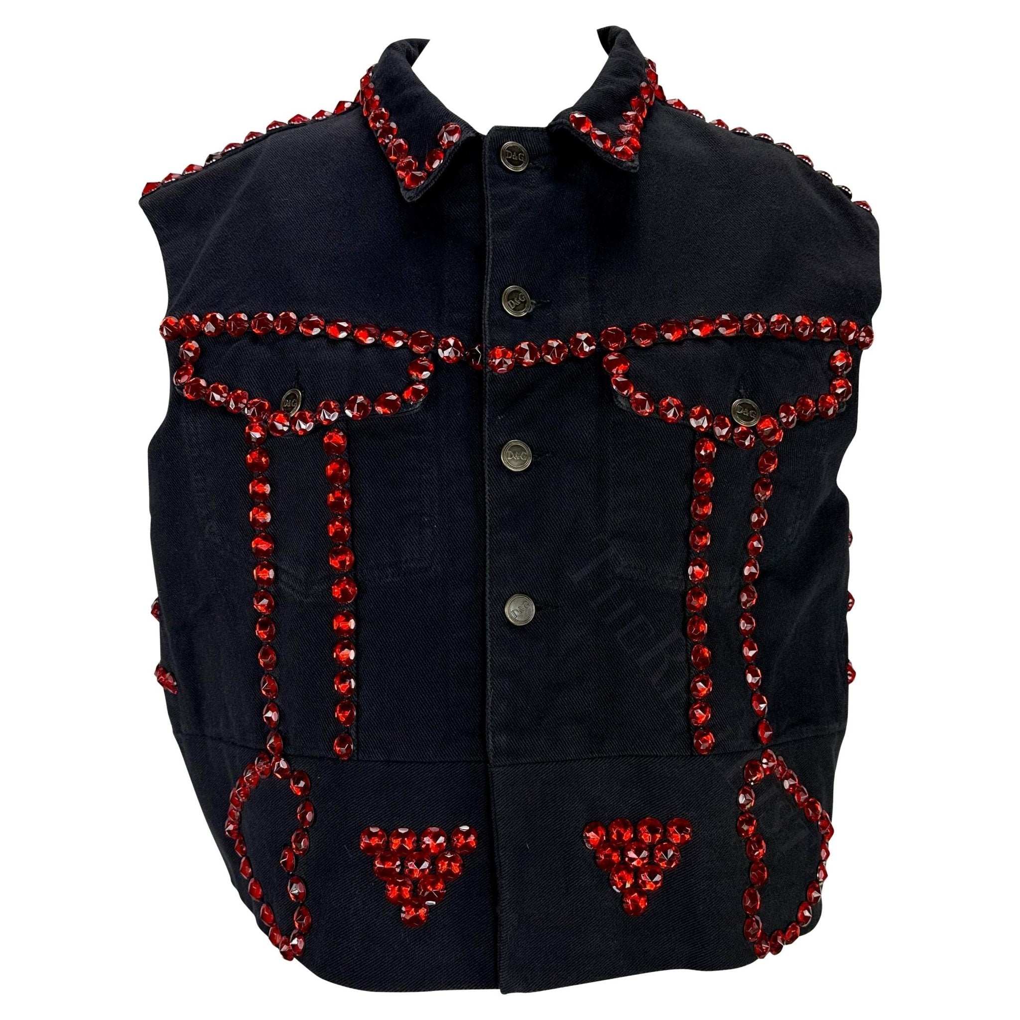 S/S 1992 Dolce & Gabbana Black Denim Red Rhinestone Accent Heart Vest - RealList