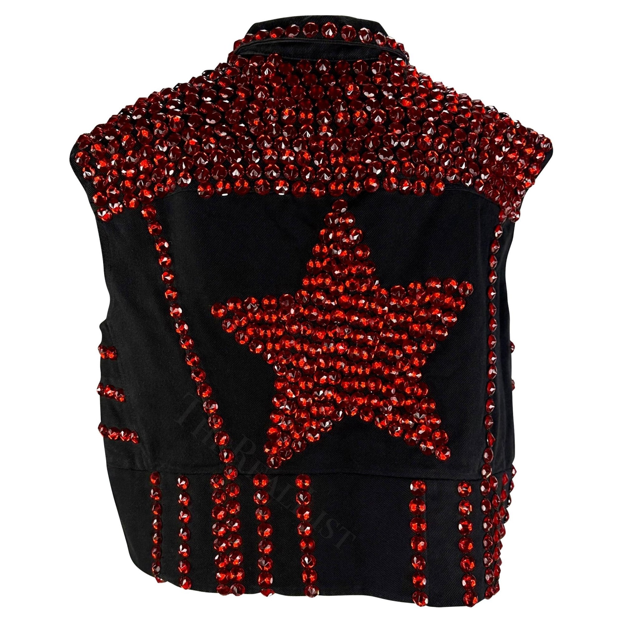 S/S 1992 Dolce & Gabbana Black Denim Red Rhinestone Accent Heart Vest - RealList