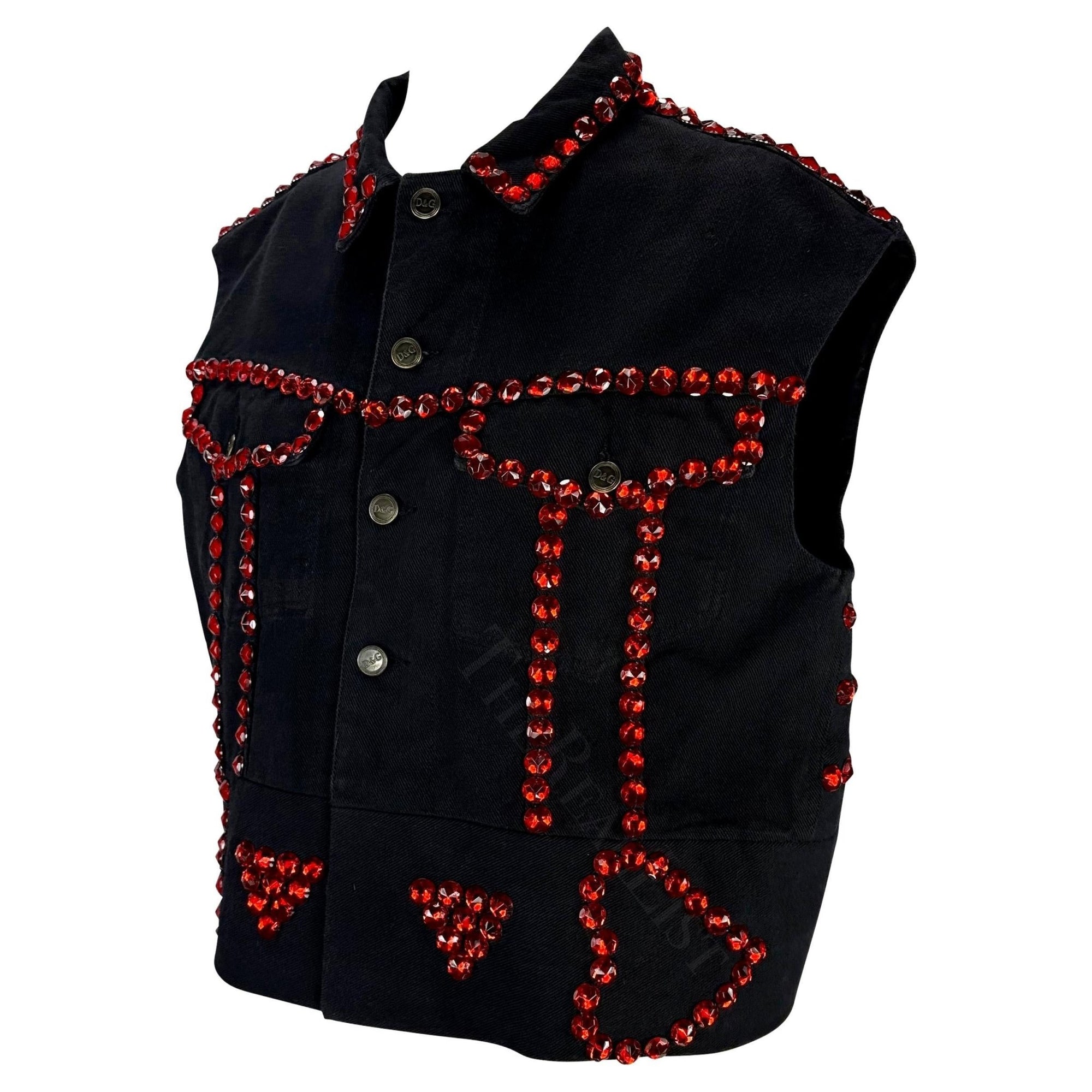 S/S 1992 Dolce & Gabbana Black Denim Red Rhinestone Accent Heart Vest - RealList