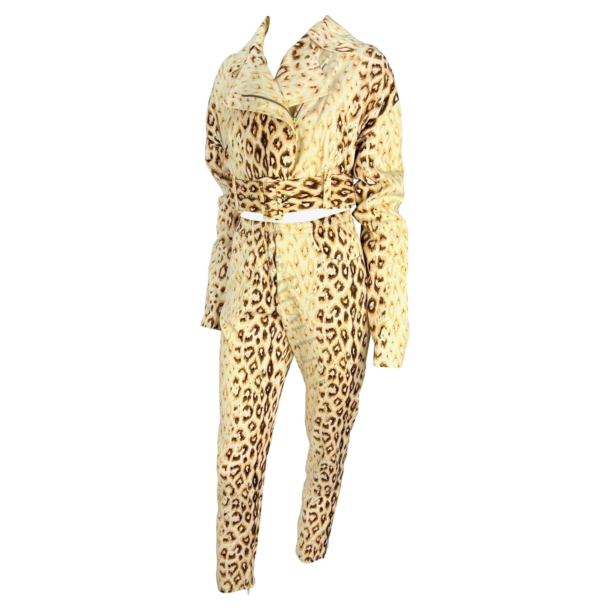 S/S 1992 Dolce & Gabbana Creme Leopard Print Cropped Biker Jacket Pant Set - RealList