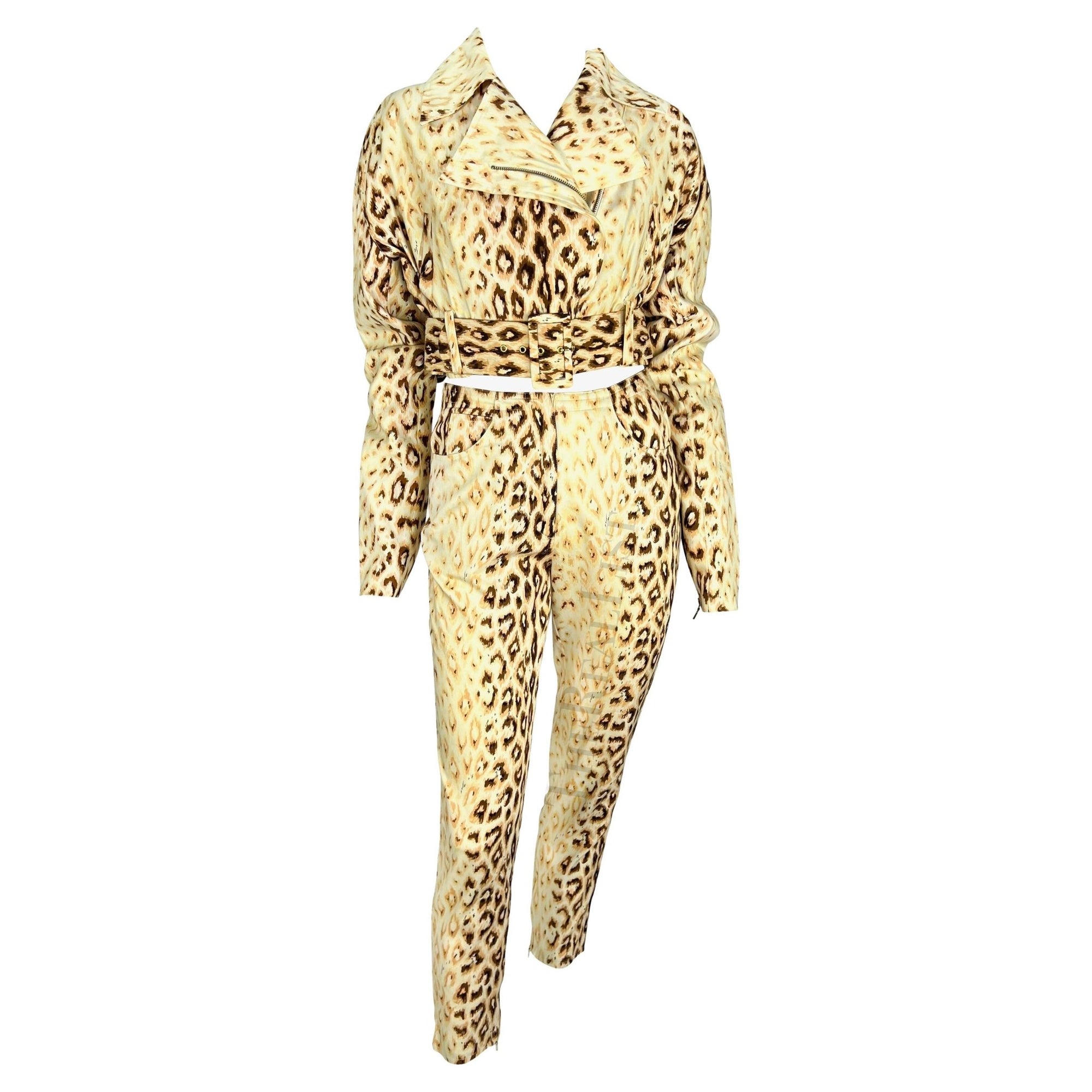 S/S 1992 Dolce & Gabbana Creme Leopard Print Cropped Biker Jacket Pant Set - RealList