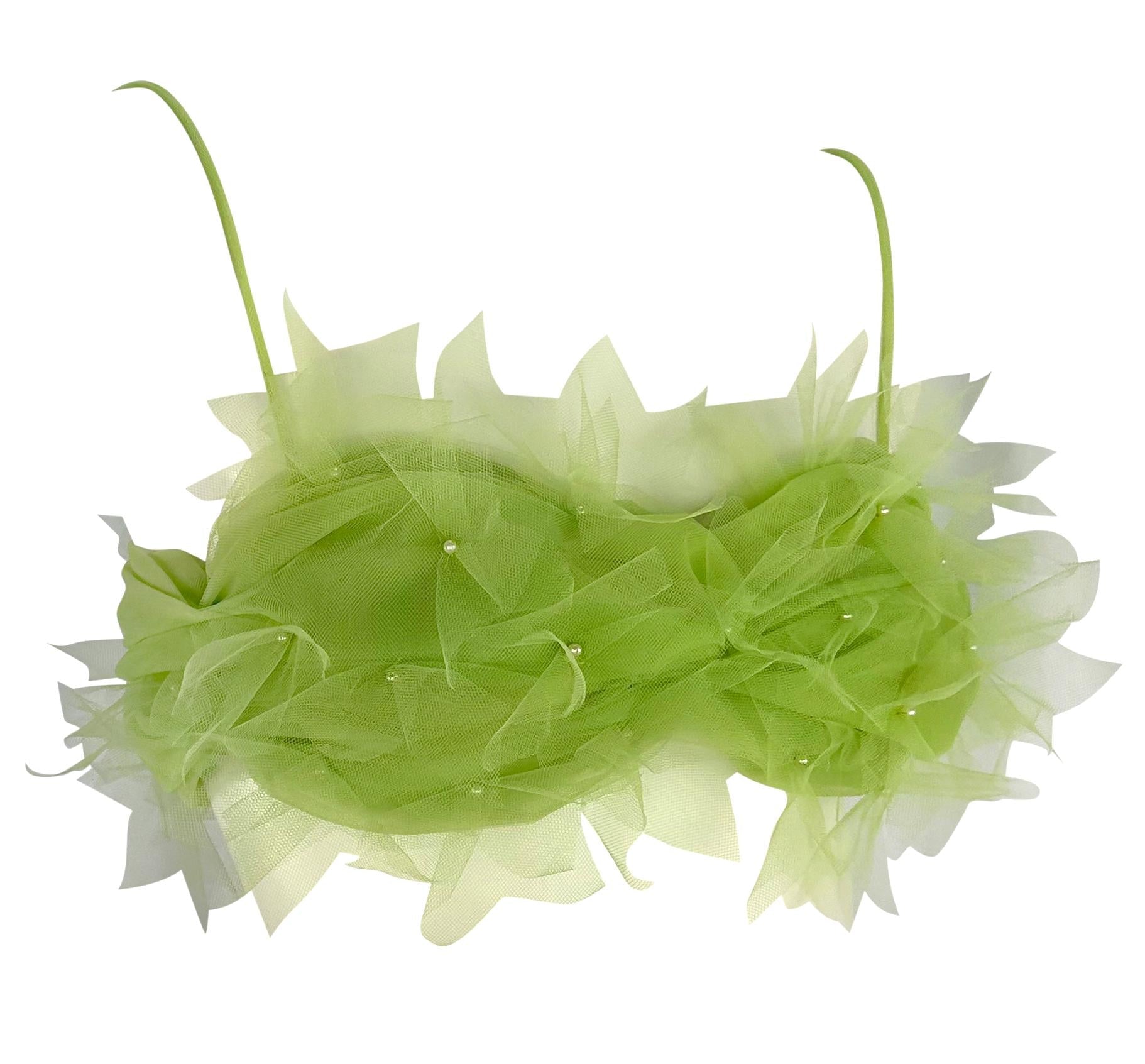 S/S 1992 Dolce & Gabbana Lime Faux Pearl Beaded Green Tulle Bralette Top - RealList