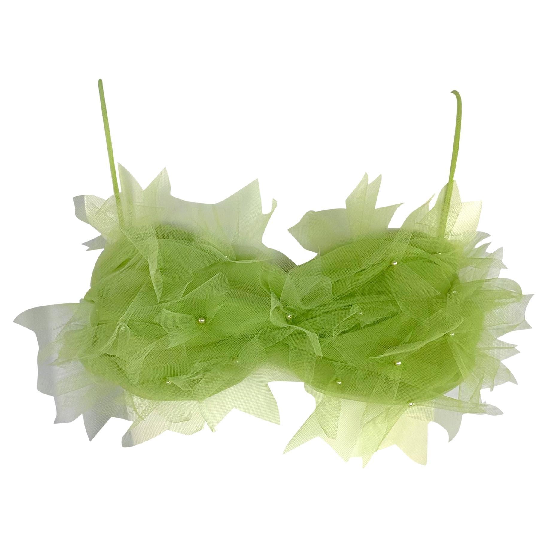 S/S 1992 Dolce & Gabbana Lime Faux Pearl Beaded Green Tulle Bralette Top - RealList