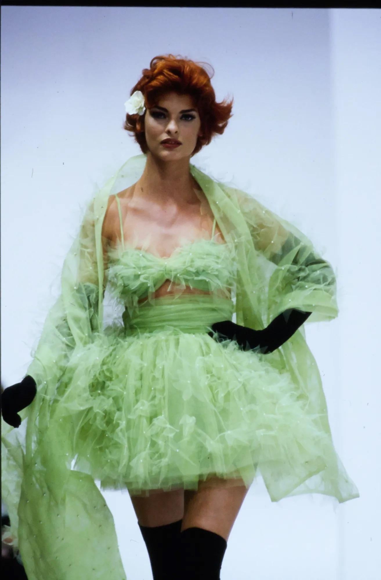 S/S 1992 Dolce & Gabbana Lime Faux Pearl Beaded Green Tulle Bralette Top - RealList