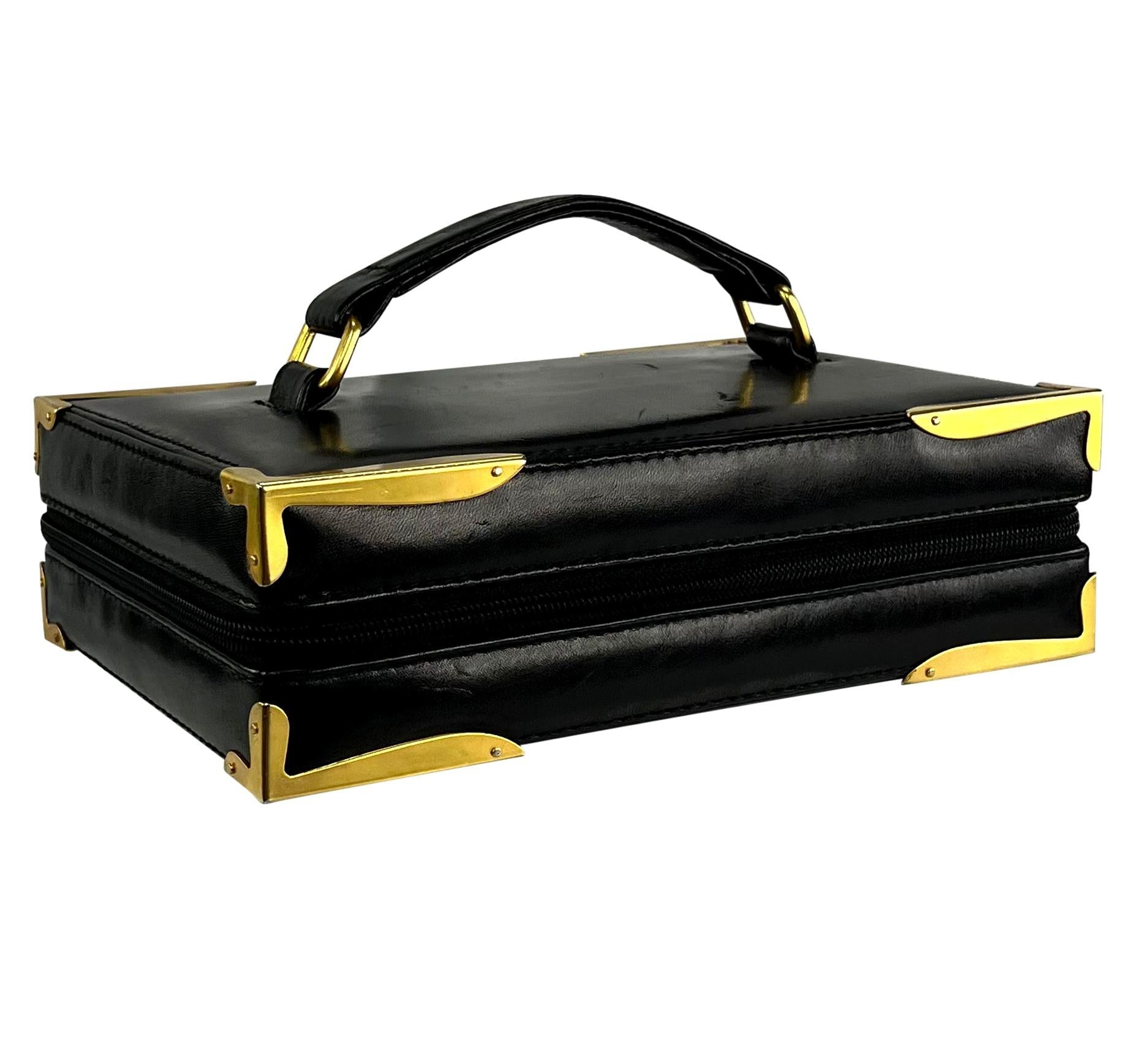 S/S 1992 Donna Karan Runway Black Leather Book Style Clutch Travel Bag - RealList