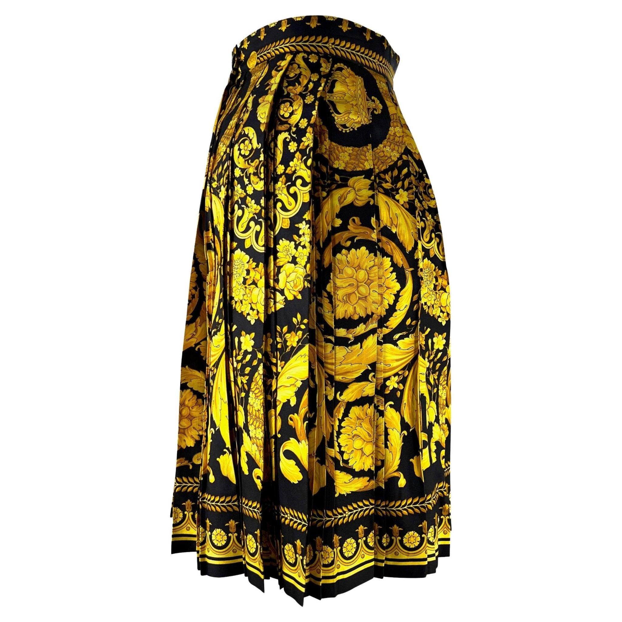 S/S 1992 Gianni Versace Couture Black Gold Baroque Print Pleated Skirt - RealList