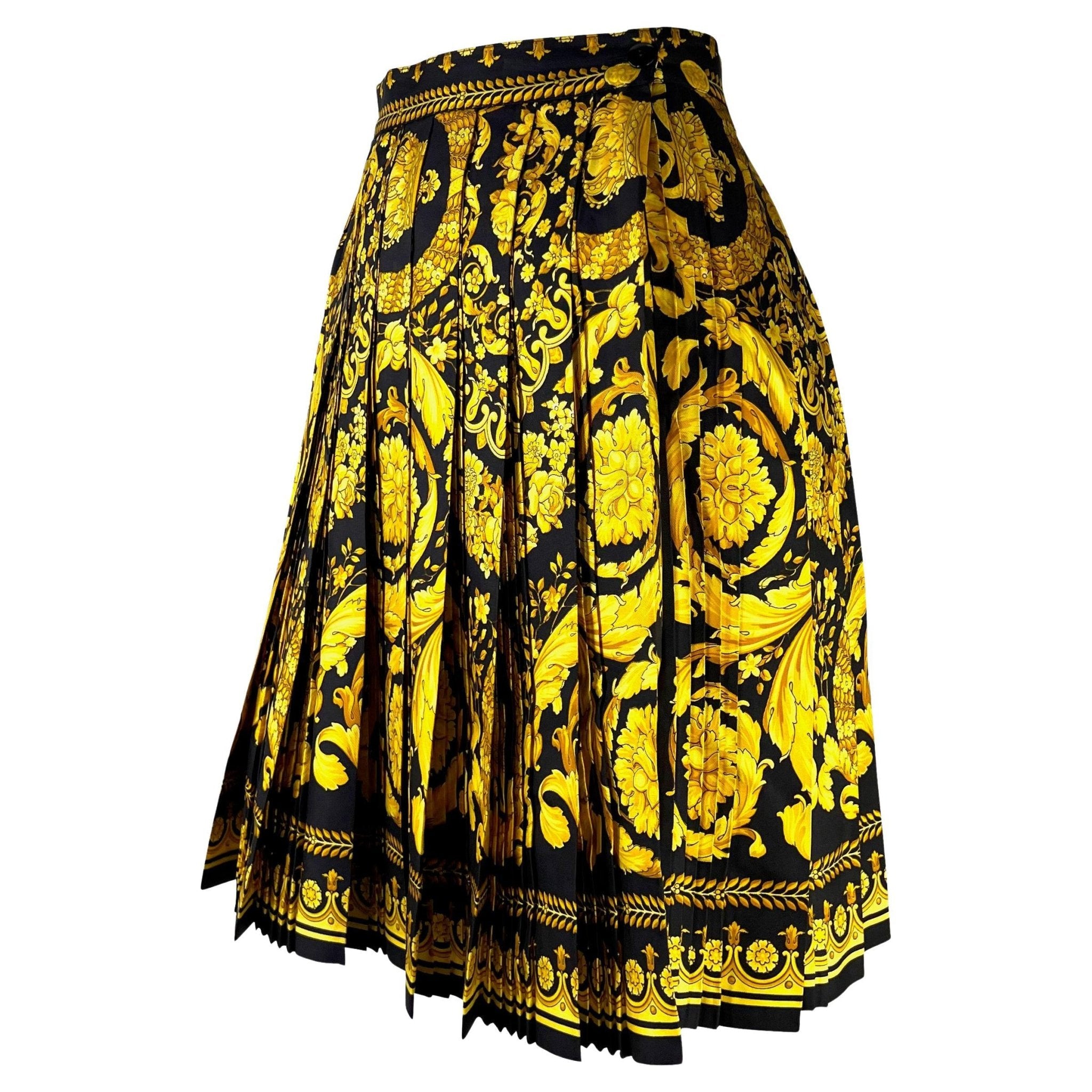 S/S 1992 Gianni Versace Couture Black Gold Baroque Print Pleated Skirt - RealList