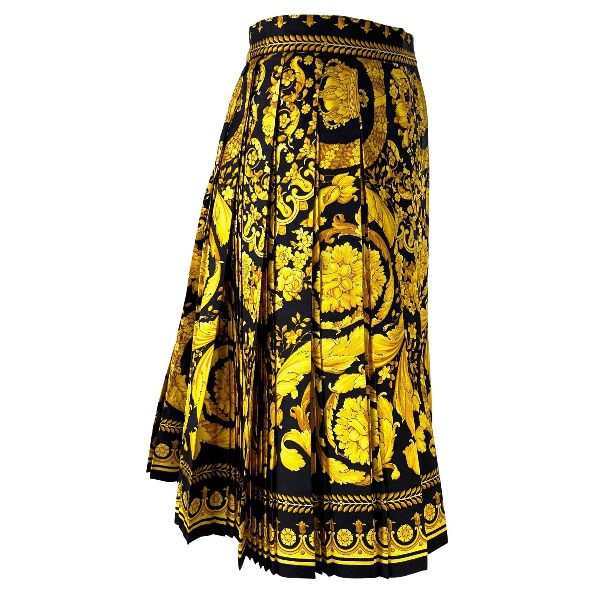 S/S 1992 Gianni Versace Couture Black Gold Baroque Print Pleated Skirt - RealList