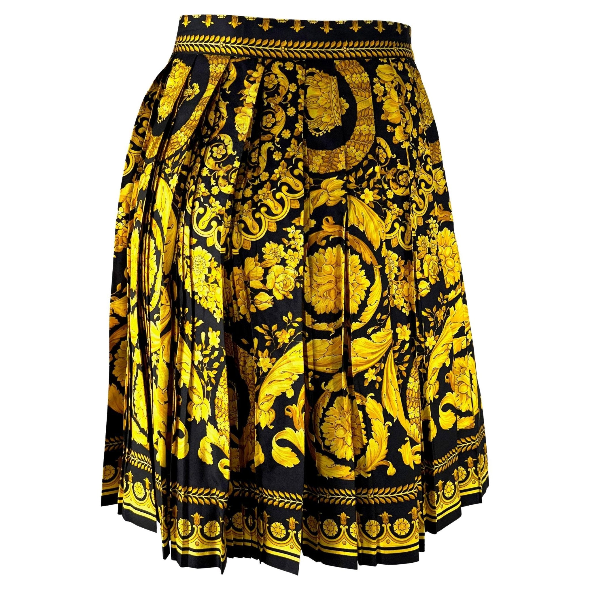 S/S 1992 Gianni Versace Couture Black Gold Baroque Print Pleated Skirt - RealList