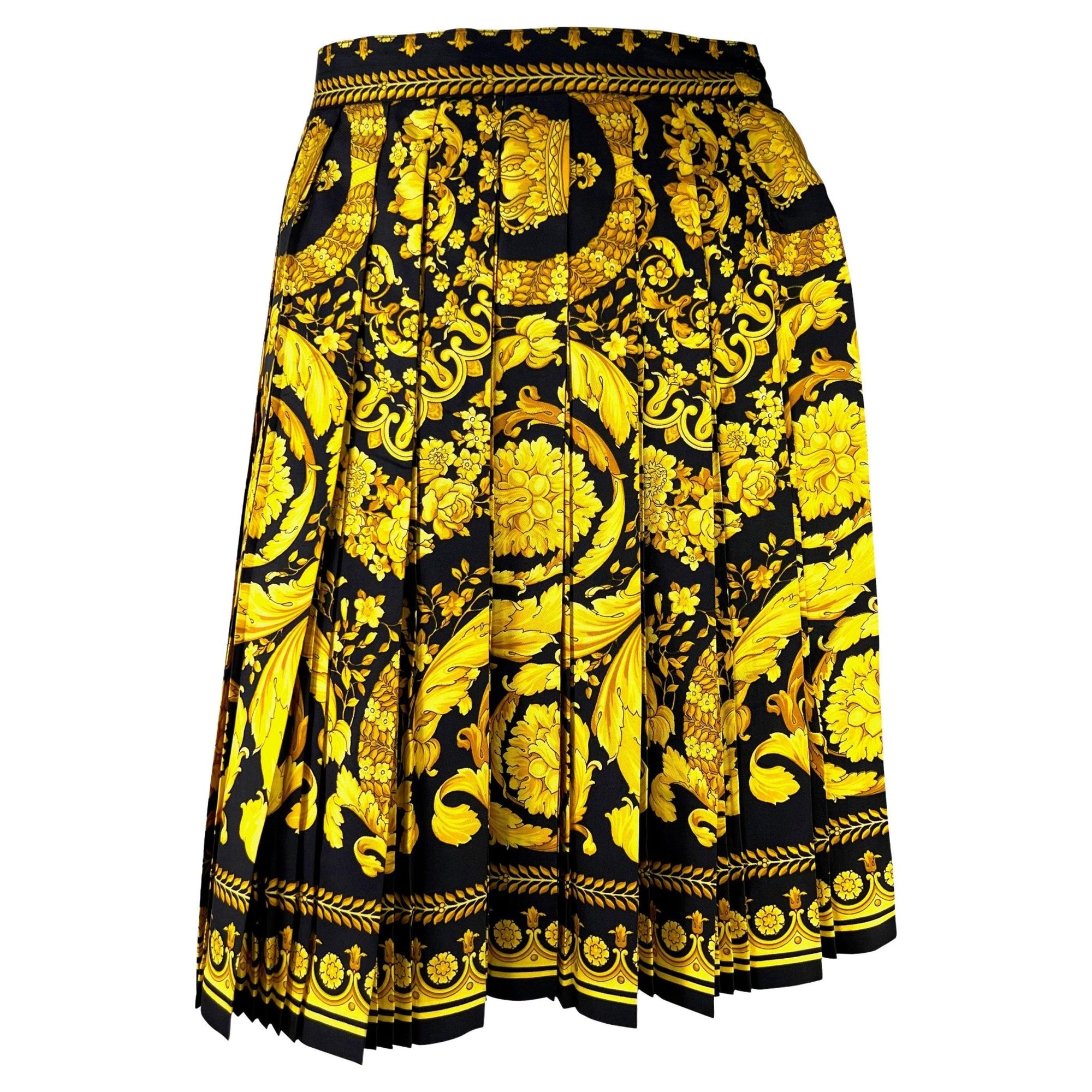 S/S 1992 Gianni Versace Couture Black Gold Baroque Print Pleated Skirt - RealList