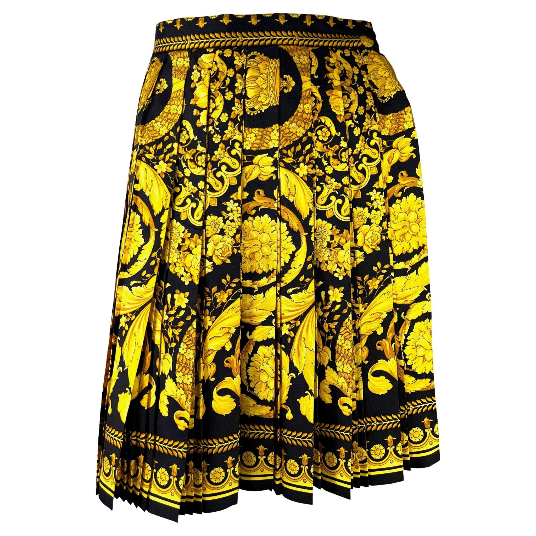 S/S 1992 Gianni Versace Couture Black Gold Baroque Print Pleated Skirt - RealList