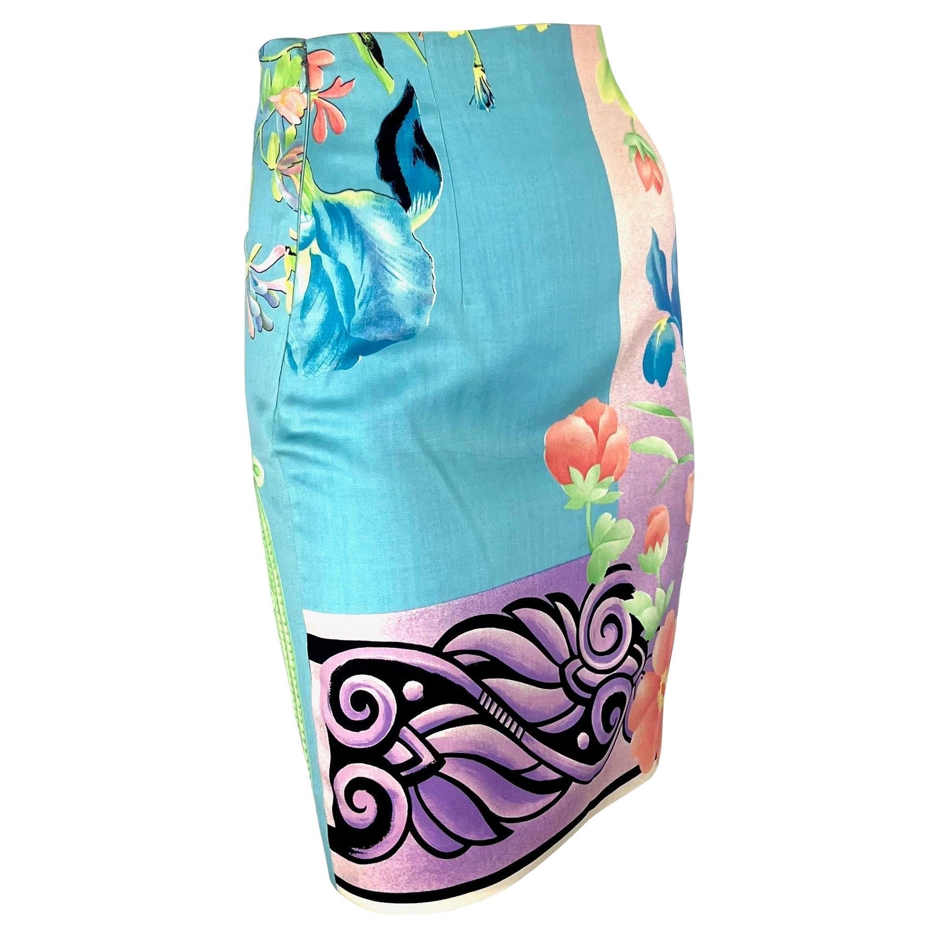 S/S 1992 Gianni Versace Couture Pastel Floral Mask Print Blue Pencil Skirt - RealList