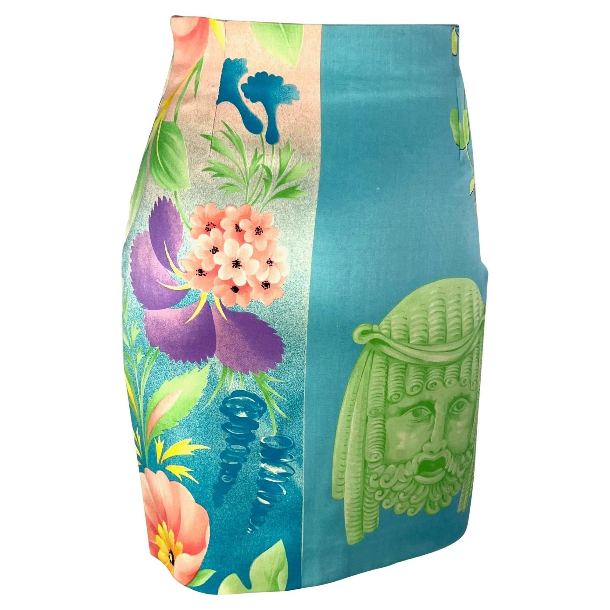 S/S 1992 Gianni Versace Couture Pastel Floral Mask Print Blue Pencil Skirt - RealList