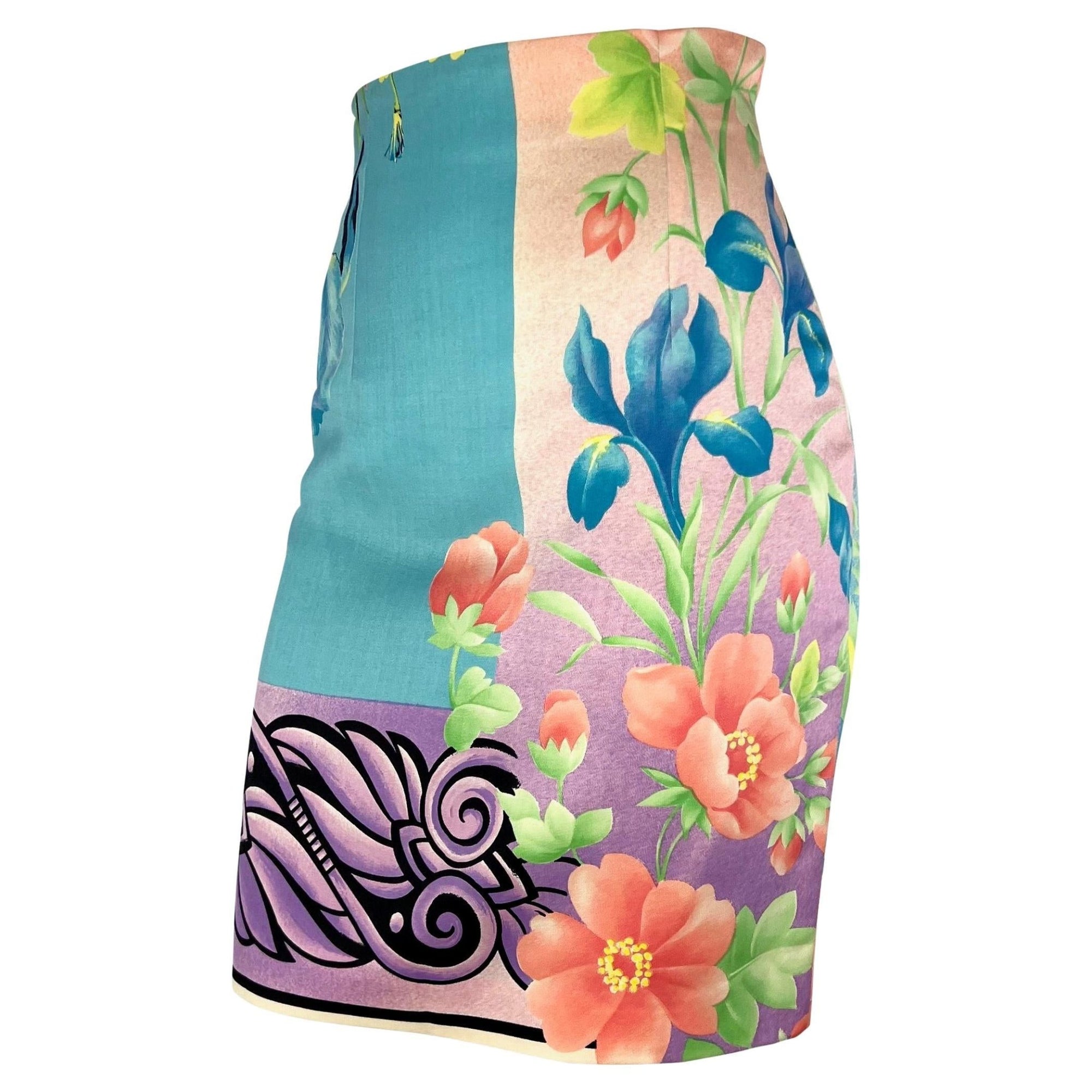 S/S 1992 Gianni Versace Couture Pastel Floral Mask Print Blue Pencil Skirt - RealList