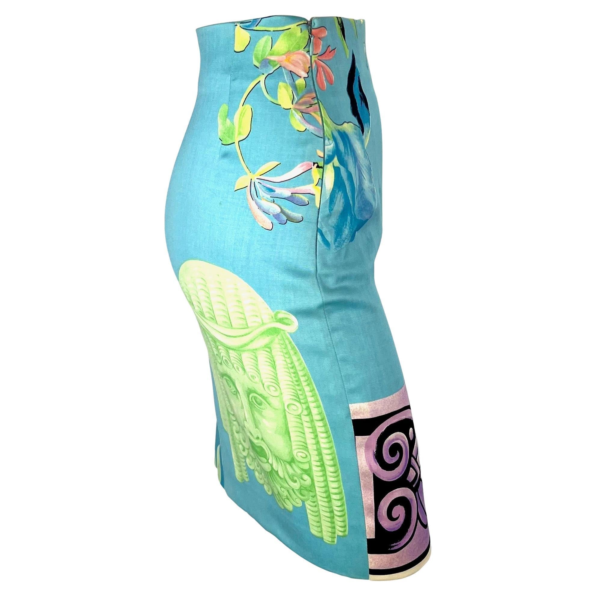 S/S 1992 Gianni Versace Couture Pastel Floral Mask Print Blue Pencil Skirt - RealList