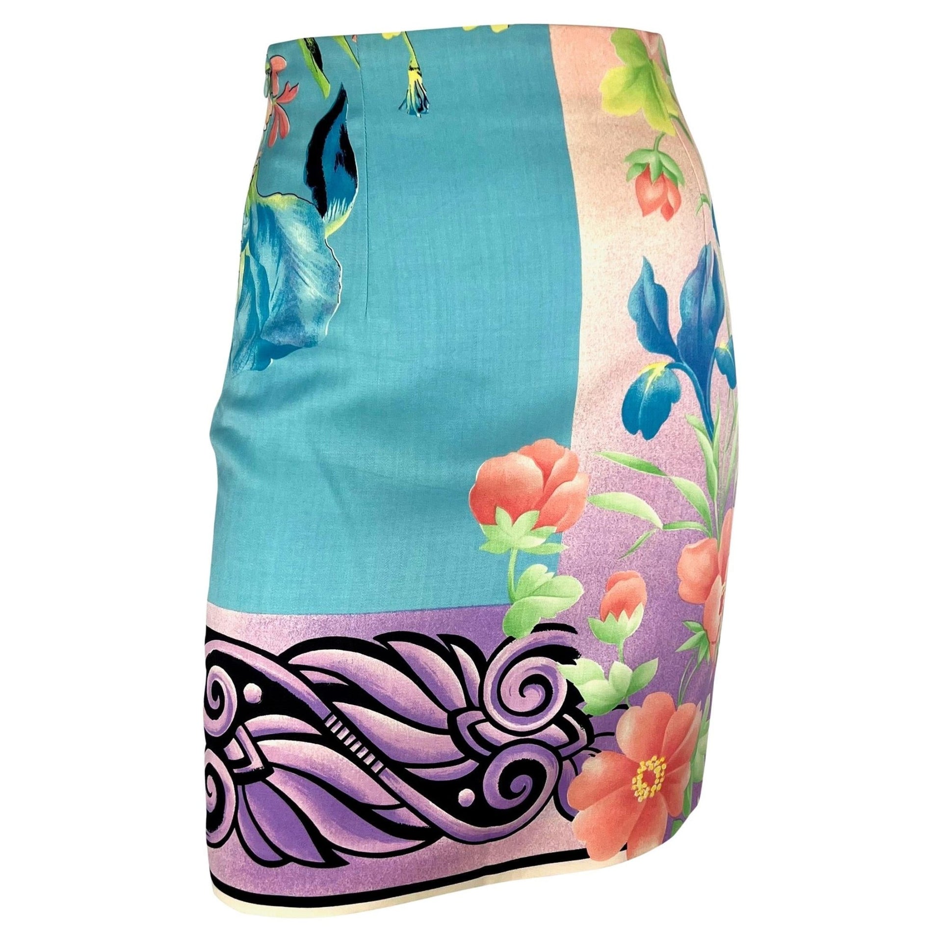 S/S 1992 Gianni Versace Couture Pastel Floral Mask Print Blue Pencil Skirt - RealList