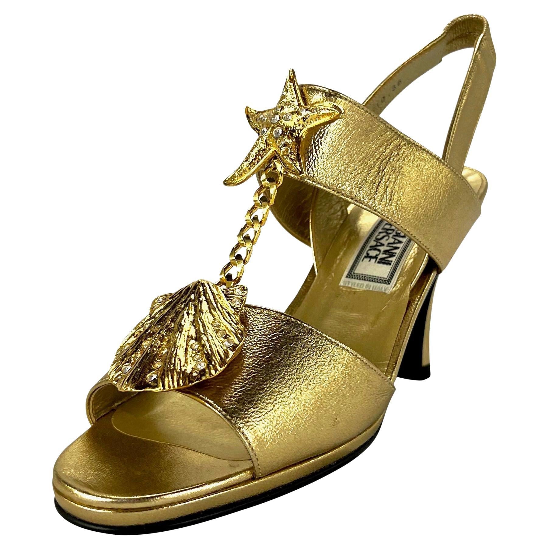 S/S 1992 Gianni Versace Gold Mare Heel Heels Size 36 - RealList