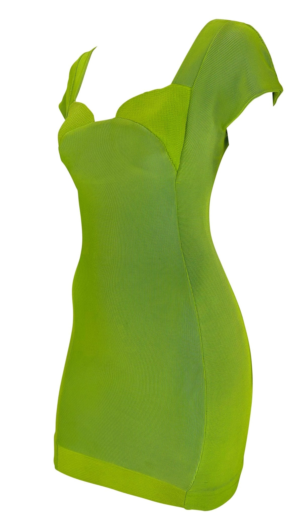 S/S 1992 Gianni Versace Light Green Ribbed Knit Bodycon Mini Dress Cap Sleeve - RealList