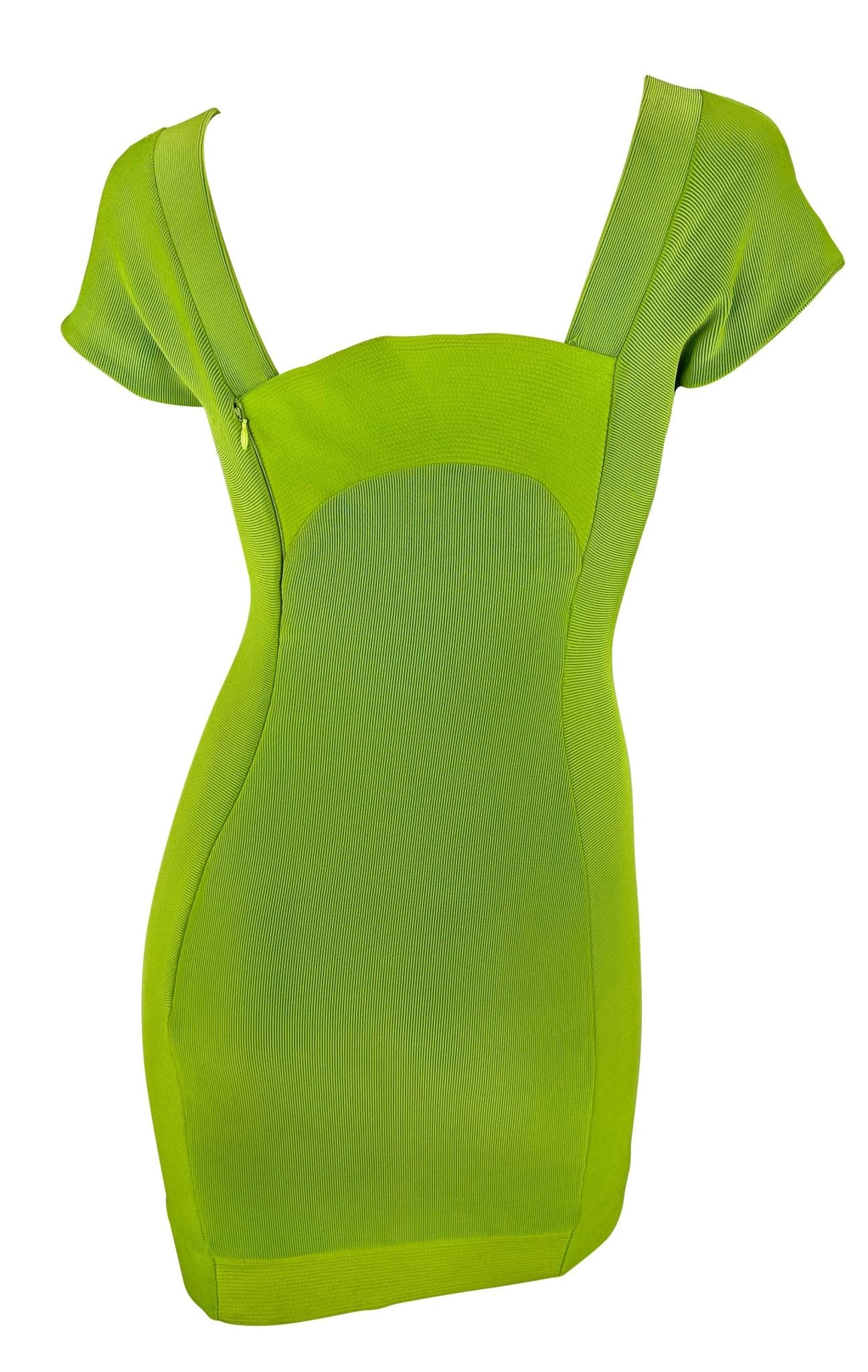 S/S 1992 Gianni Versace Light Green Ribbed Knit Bodycon Mini Dress Cap Sleeve - RealList
