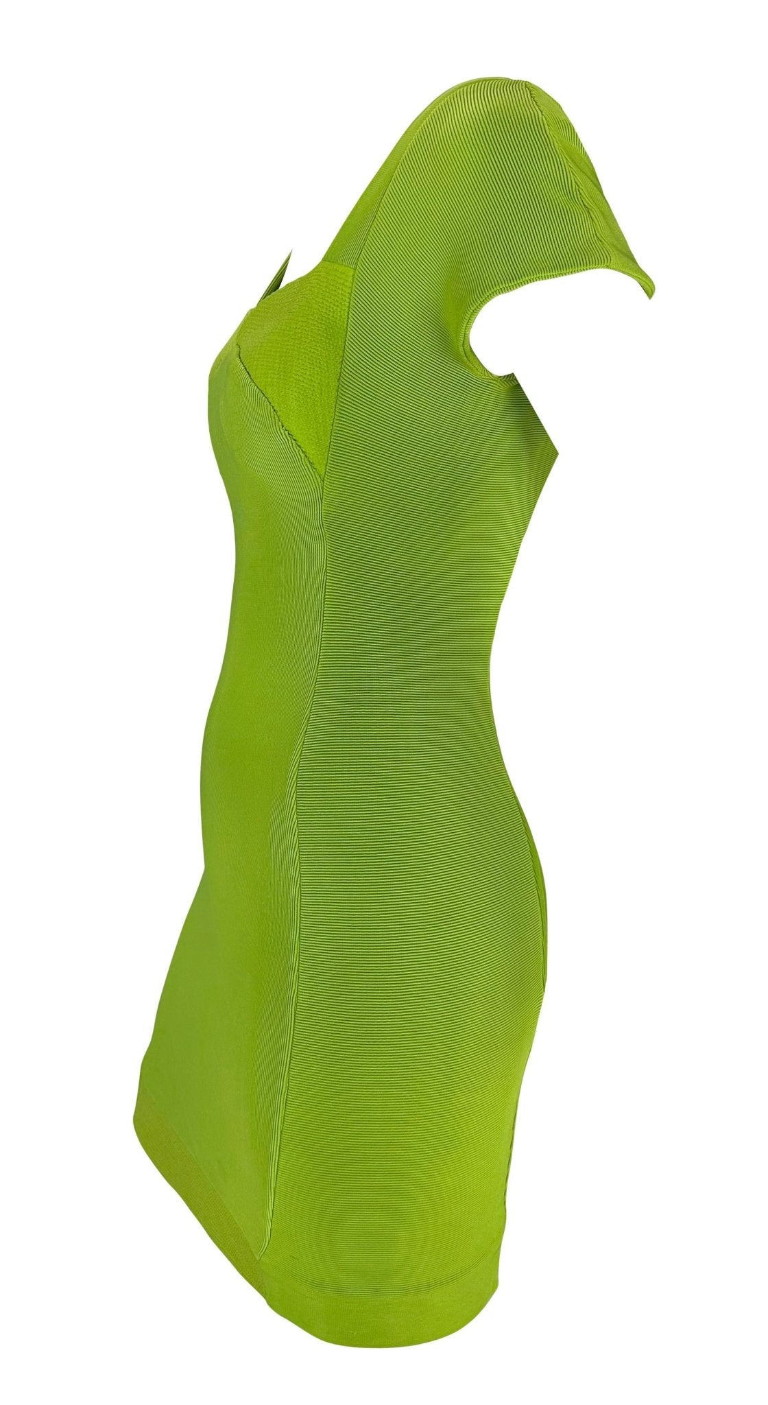 S/S 1992 Gianni Versace Light Green Ribbed Knit Bodycon Mini Dress Cap Sleeve - RealList