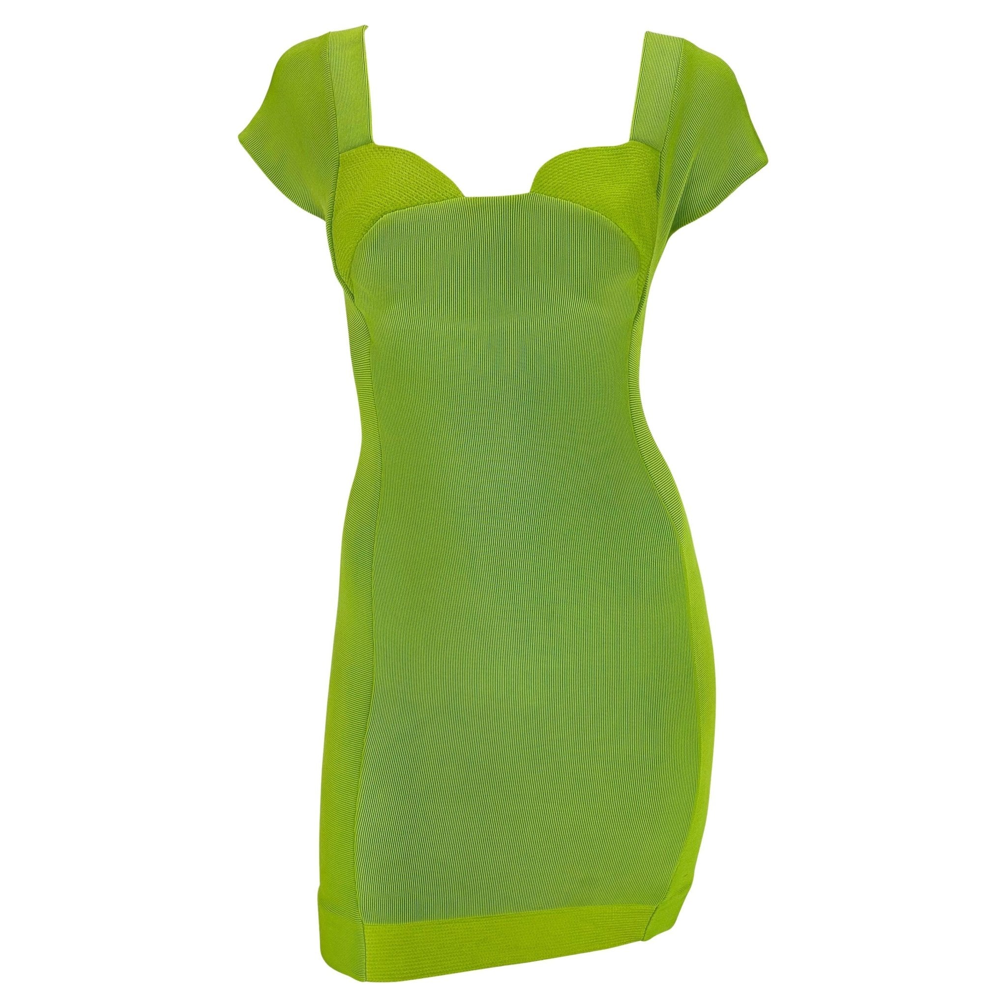 S/S 1992 Gianni Versace Light Green Ribbed Knit Bodycon Mini Dress Cap Sleeve - RealList