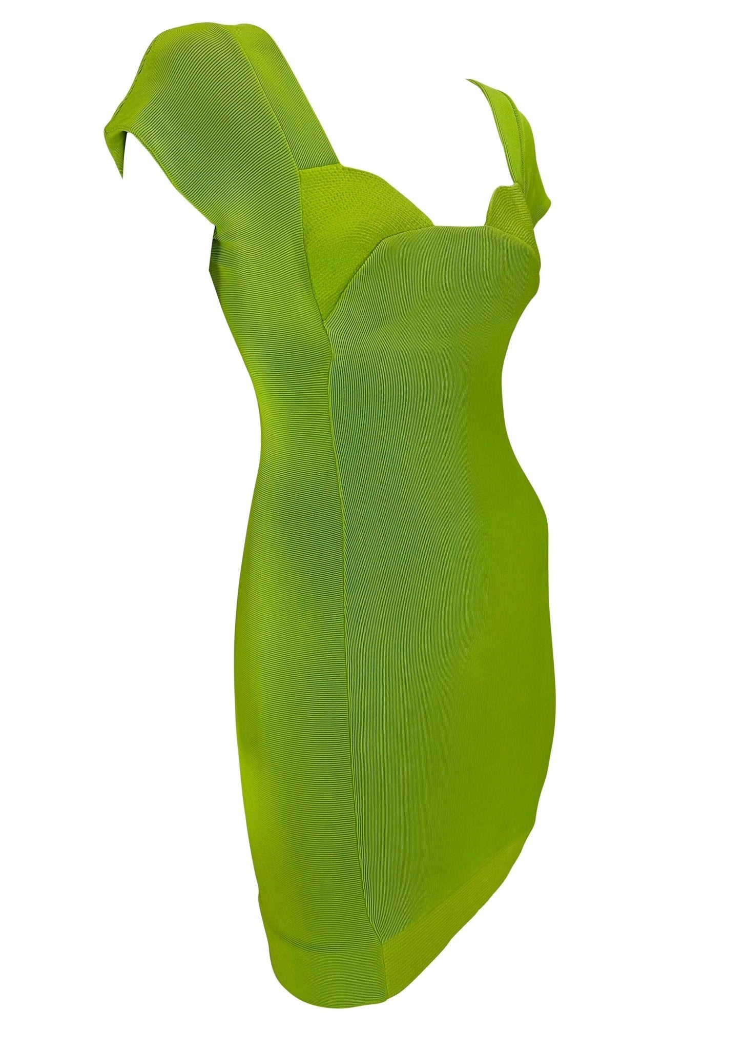 S/S 1992 Gianni Versace Light Green Ribbed Knit Bodycon Mini Dress Cap Sleeve - RealList