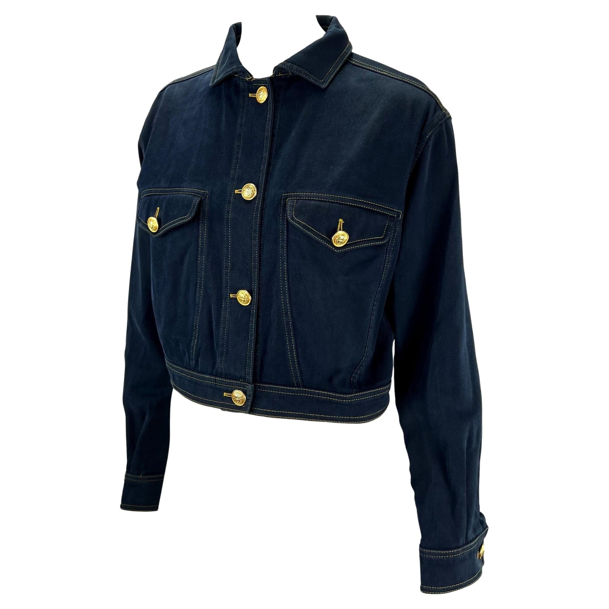 S/S 1992 Gianni Versace Navy Denim Medusa Cropped Jacket - RealList