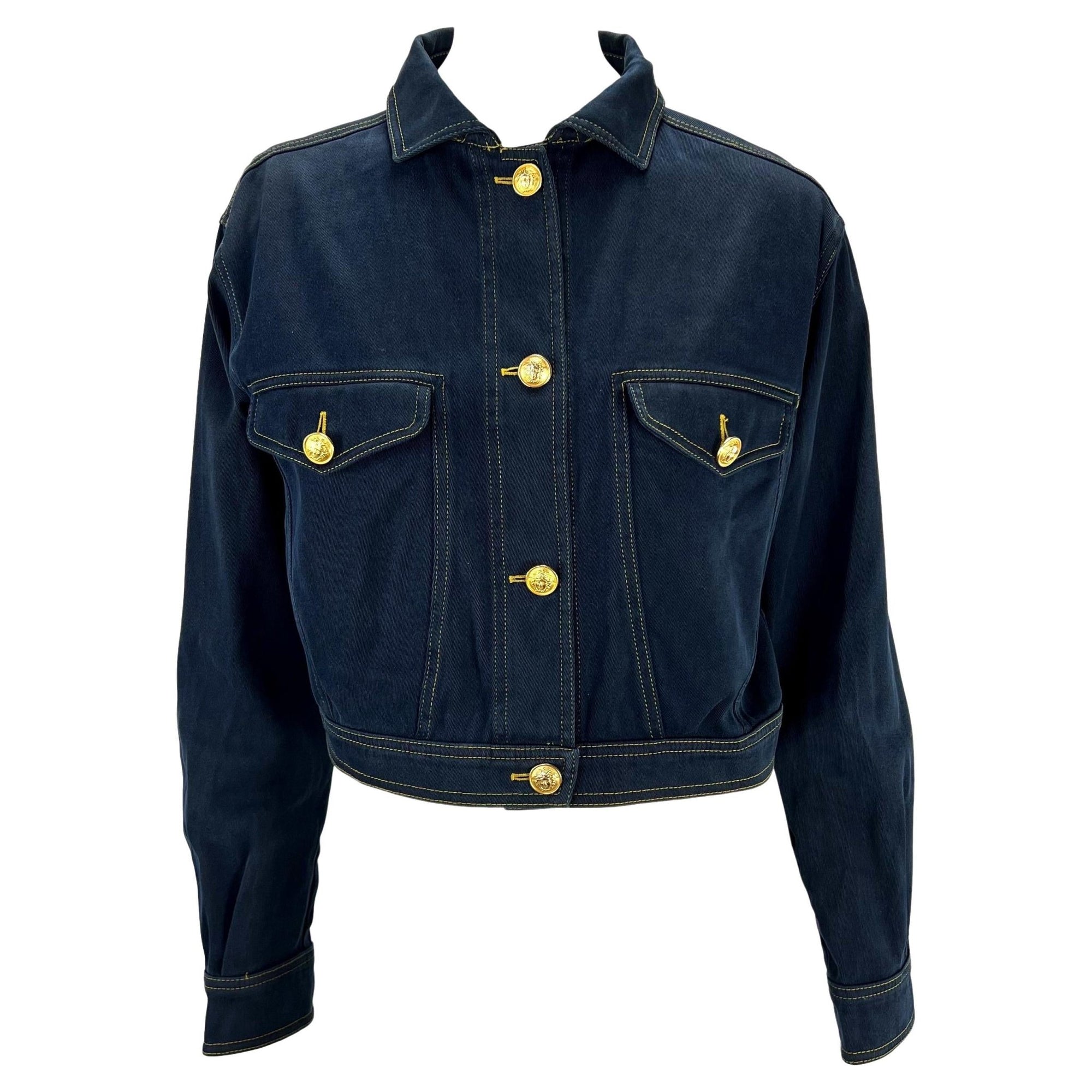 S/S 1992 Gianni Versace Navy Denim Medusa Cropped Jacket - RealList