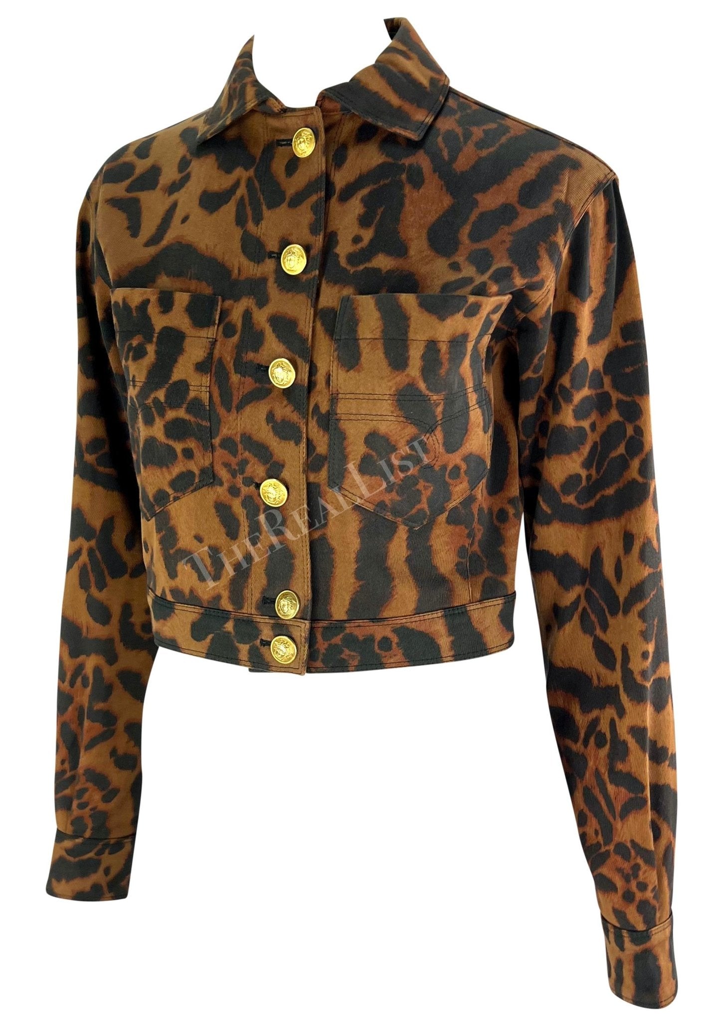 S/S 1992 Gianni Versace Runway Brown Cheetah Print Denim Medusa Cropped Jacket - RealList