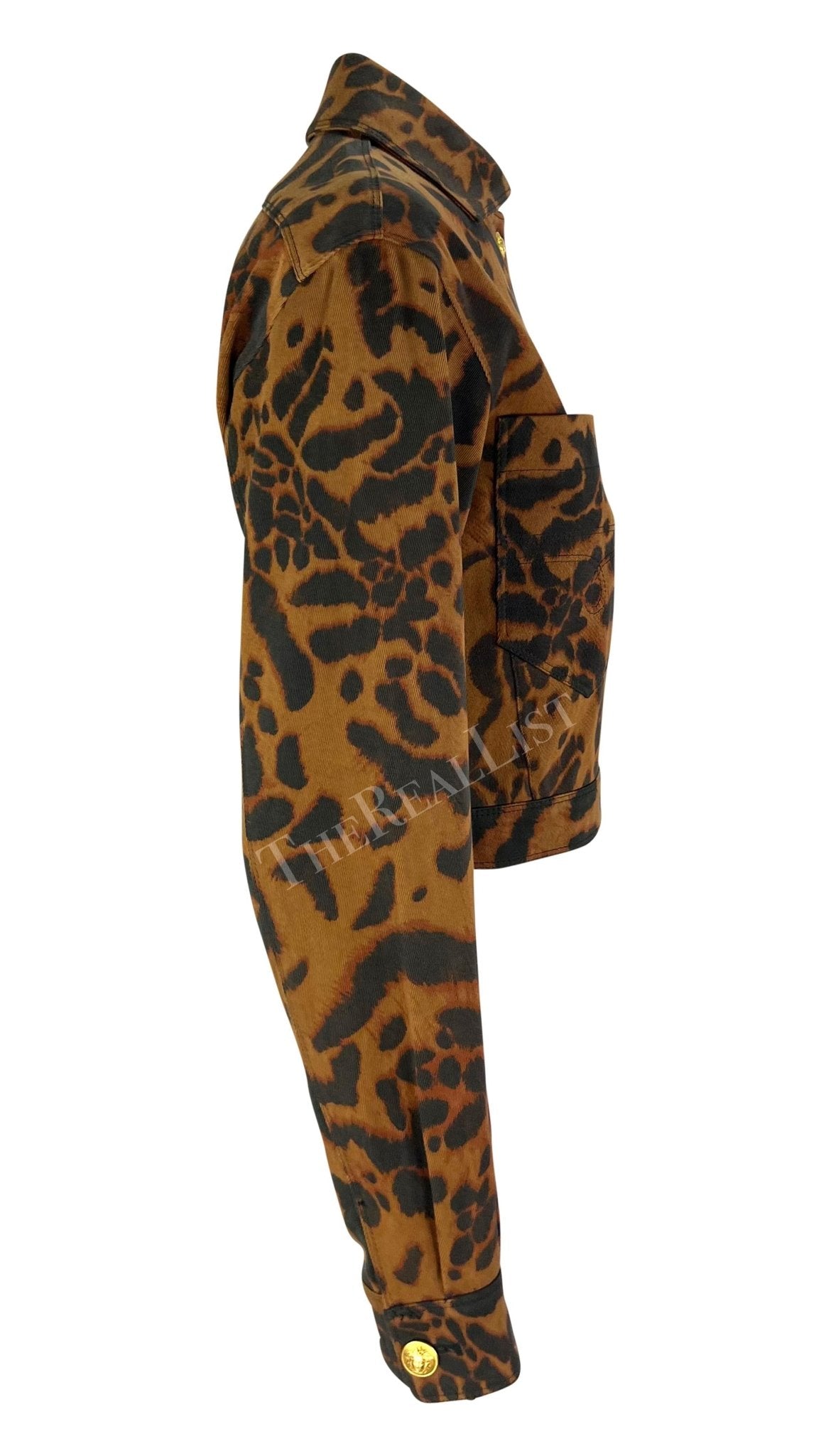 S/S 1992 Gianni Versace Runway Brown Cheetah Print Denim Medusa Cropped Jacket - RealList