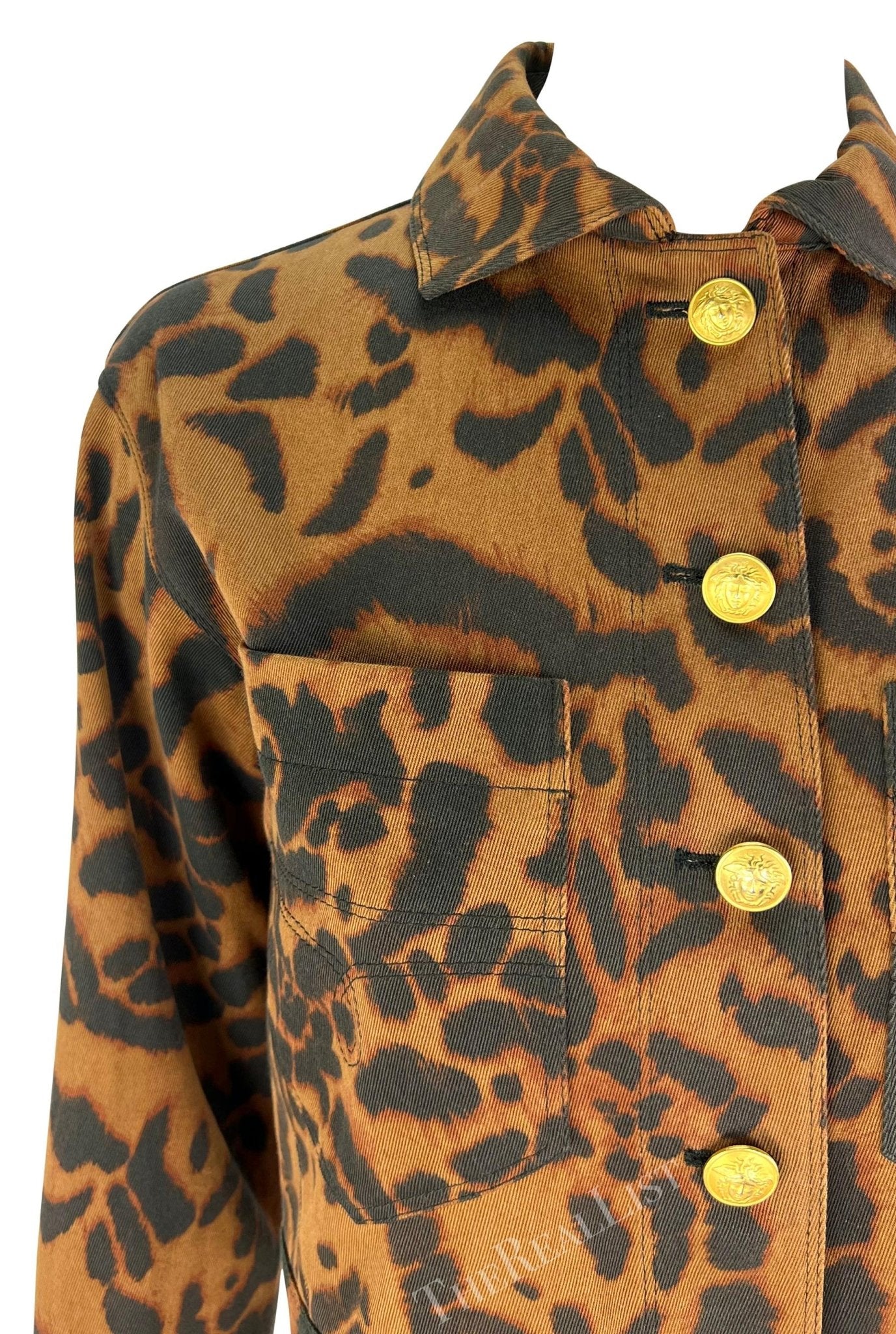 S/S 1992 Gianni Versace Runway Brown Cheetah Print Denim Medusa Cropped Jacket - RealList